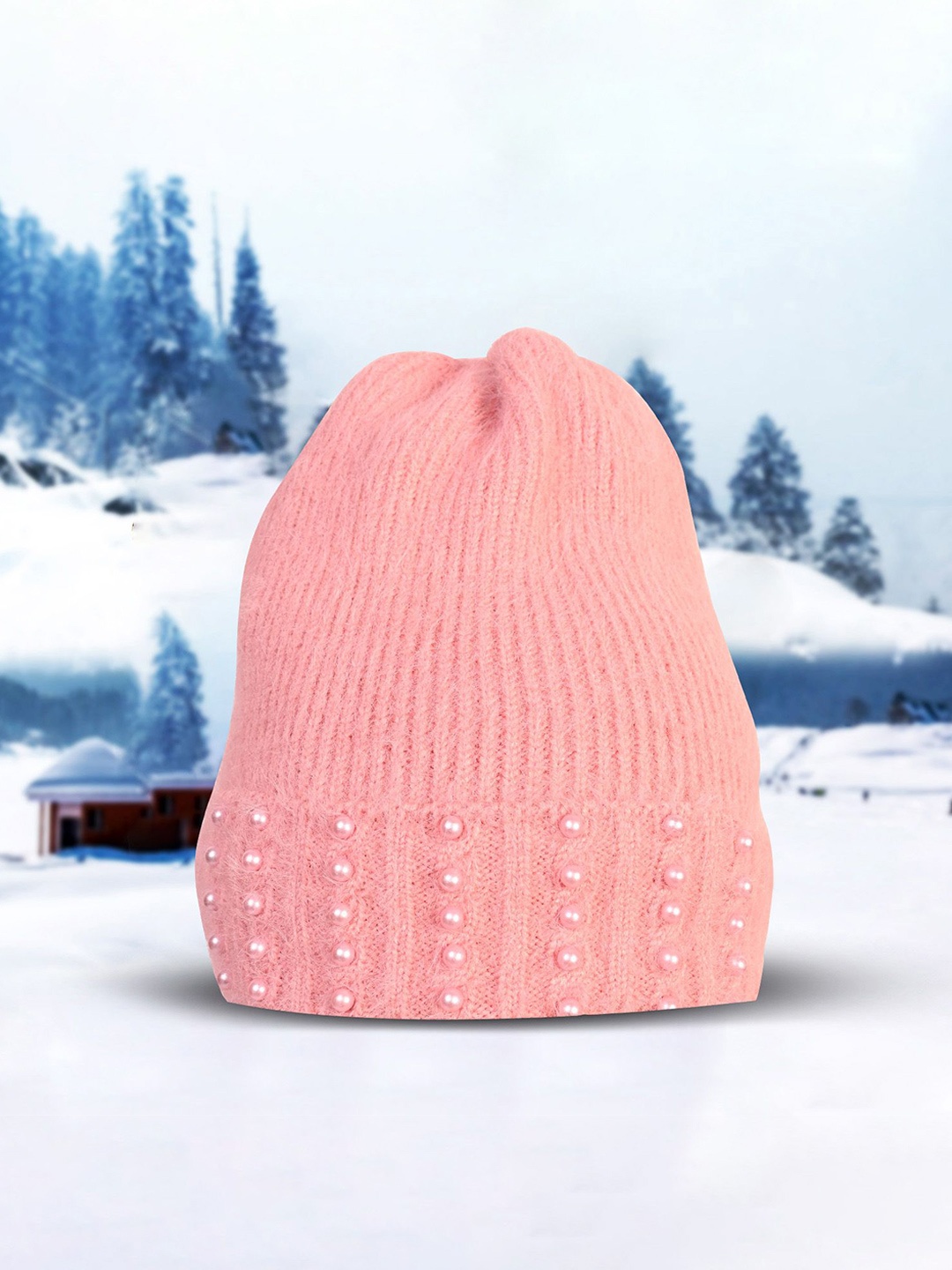 

LOOM LEGACY Women Embroidered Beanie Cap, Peach