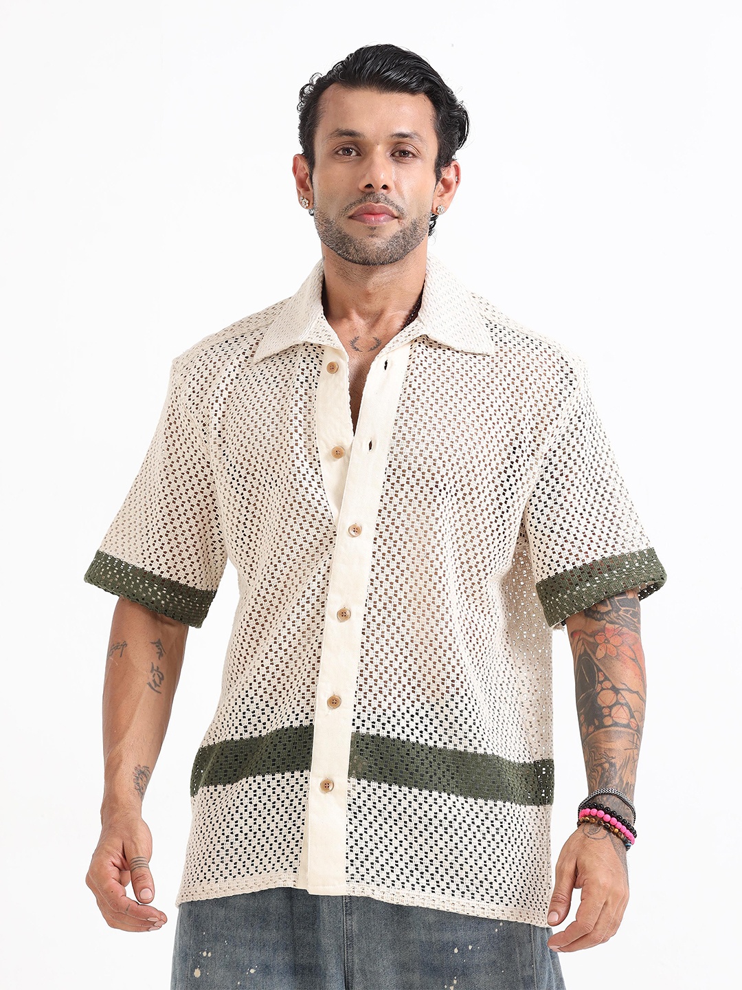 

Italian Colony Artisan Crochet Knit Casual Shirt, Beige