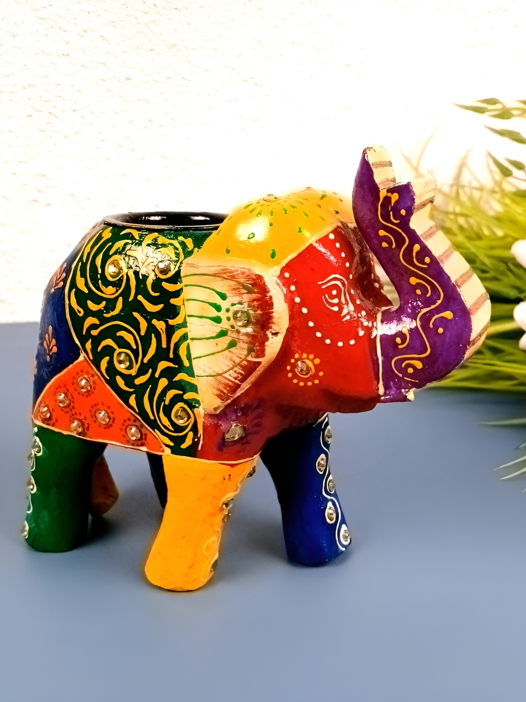 

apka mart Green & Purple Elephant Shaped Wooden Candle Holder