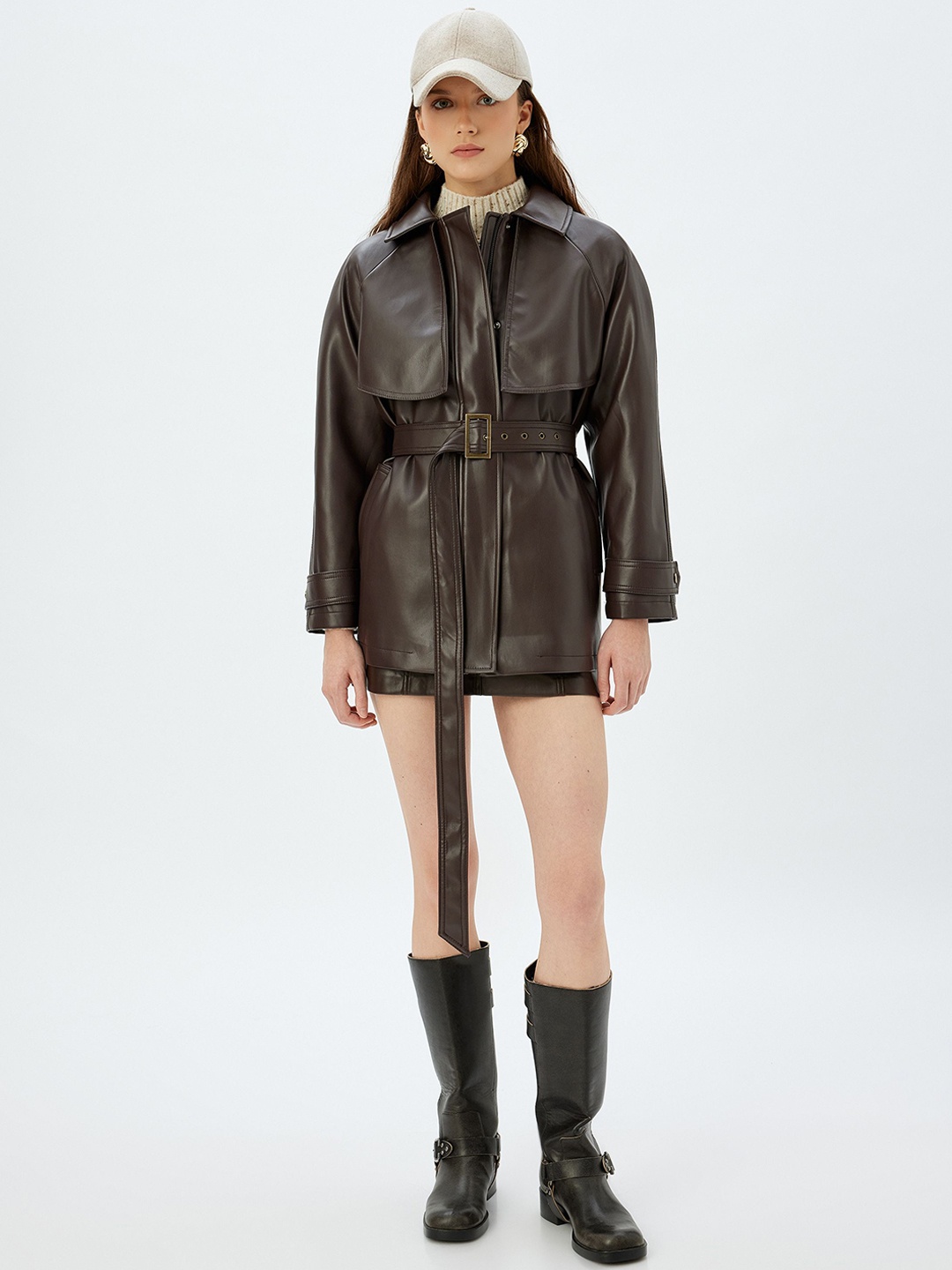 

Koton Women Geometric Longline Bomber Jacket, Brown