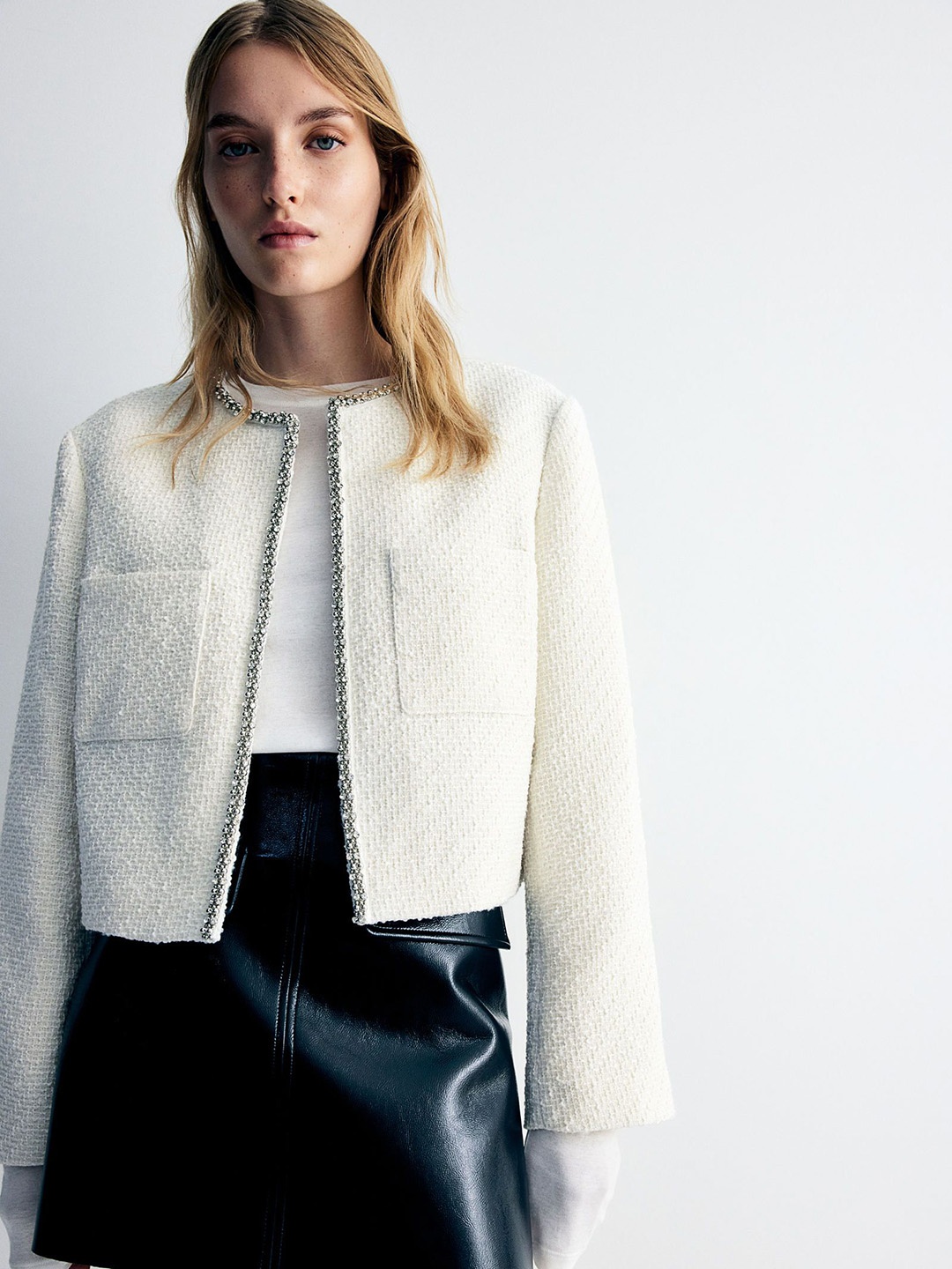 

H&M Rhinestone-Embellished Boucle Jacket, White