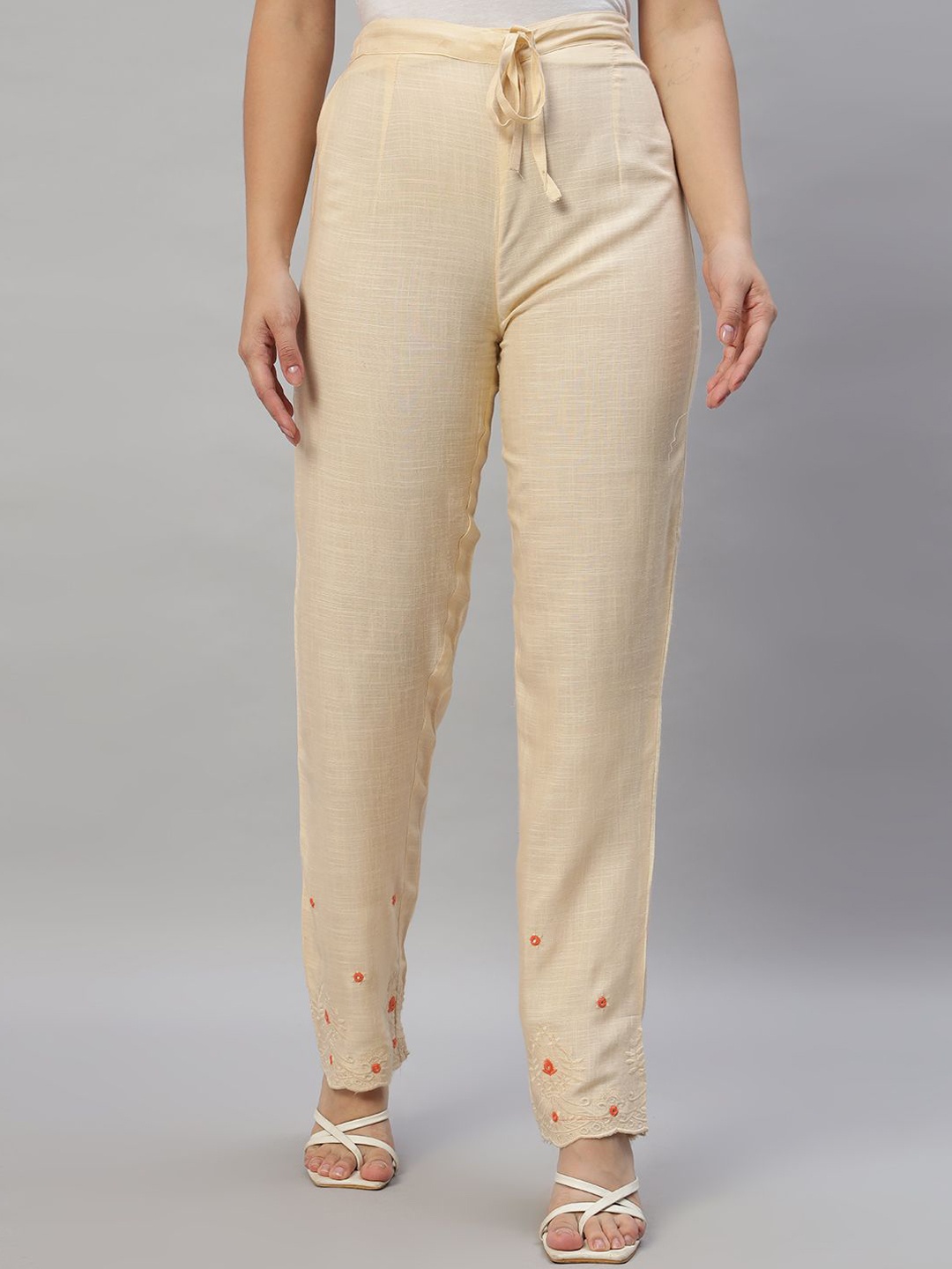 

KBZ Women Embroidered Comfort Flared Trousers, Beige