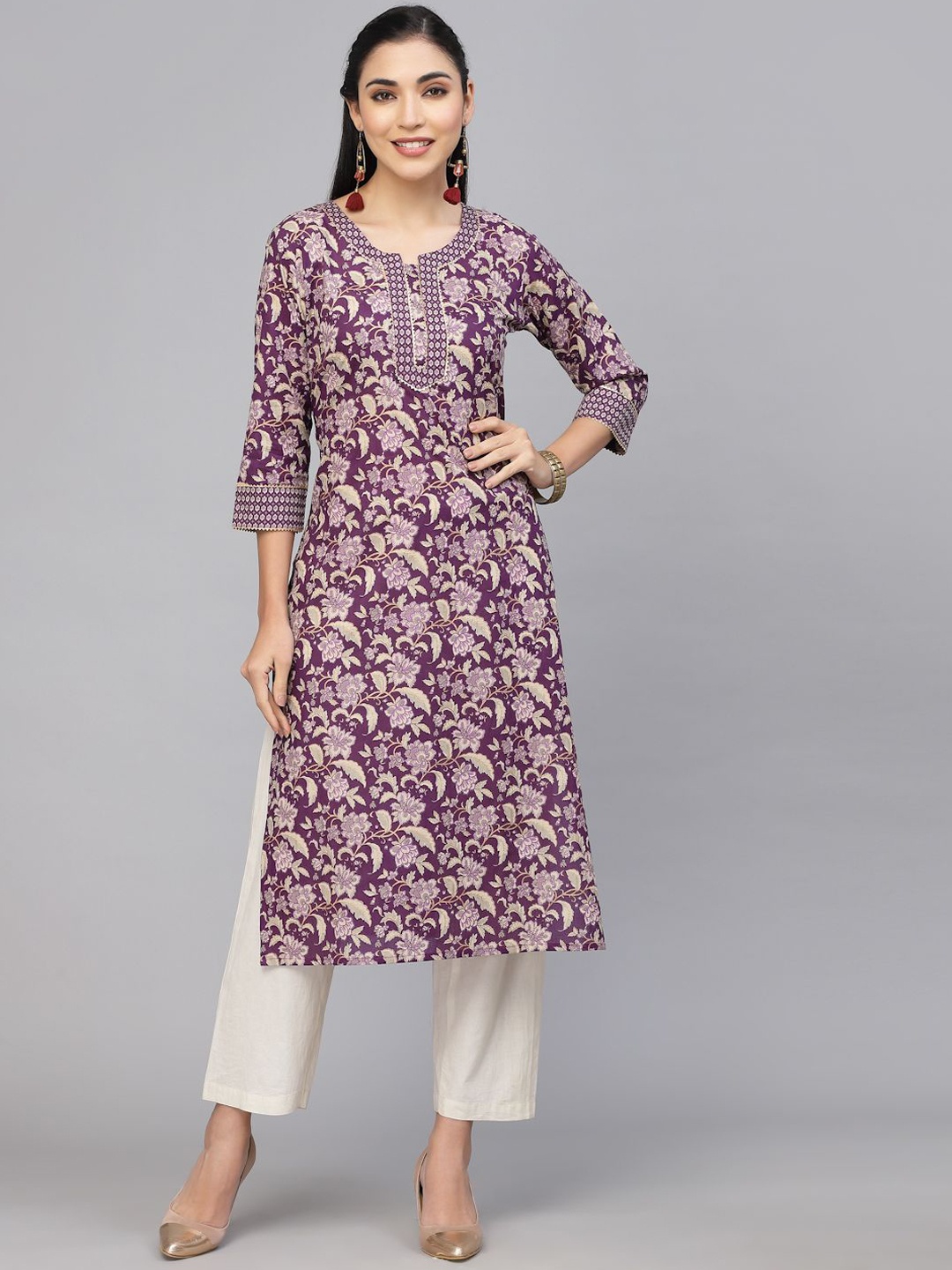

LARGISH Women Floral Printed Kurta, Purple