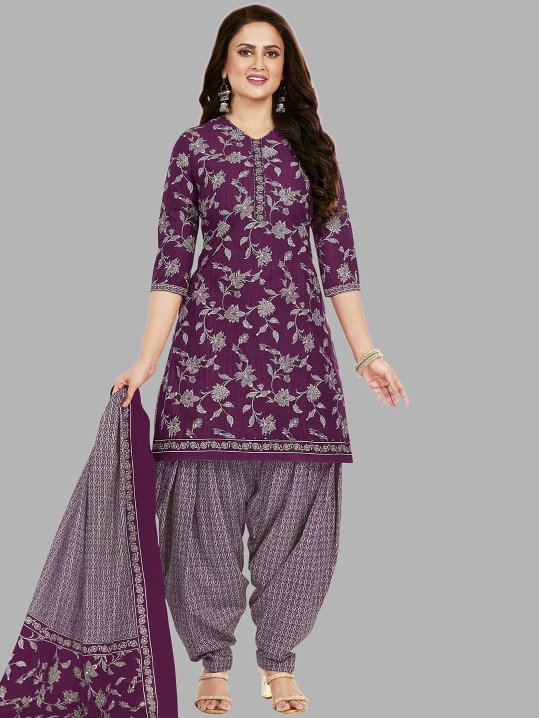 

MIRAAN Women Floral Printed Regular Pure Cotton Kurta with Patiala & With Dupatta, Purple