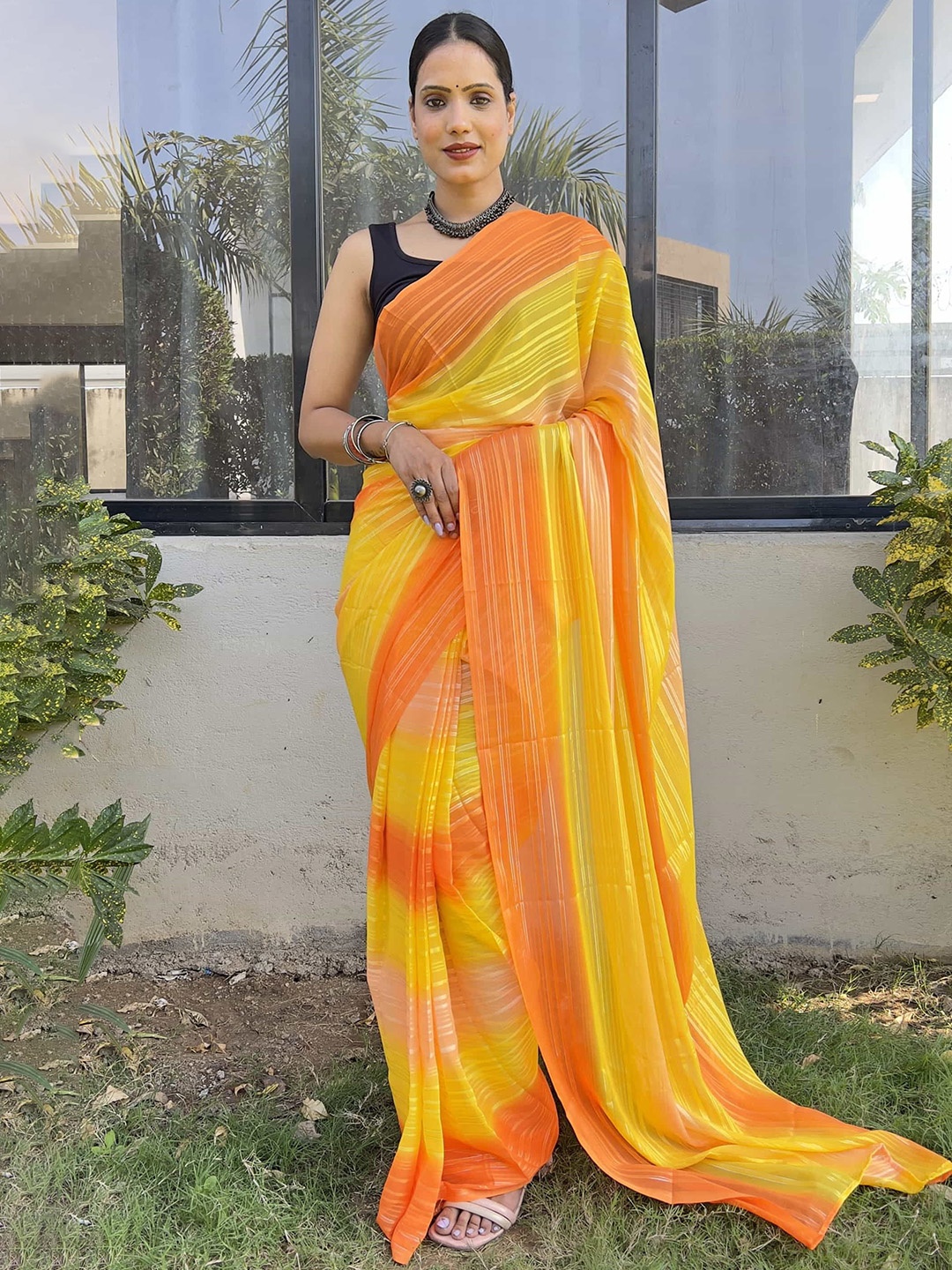 

KALINI Tie and Dye Pure Georgette Ready to Wear Jamdani Saree, Orange