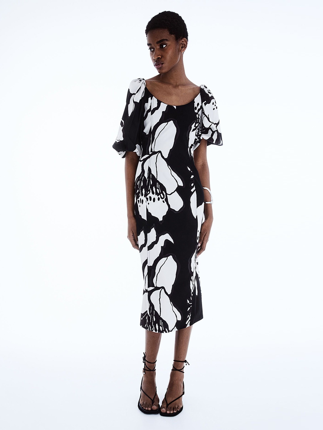 

H&M Printed Balloon-Sleeved Dress, Black