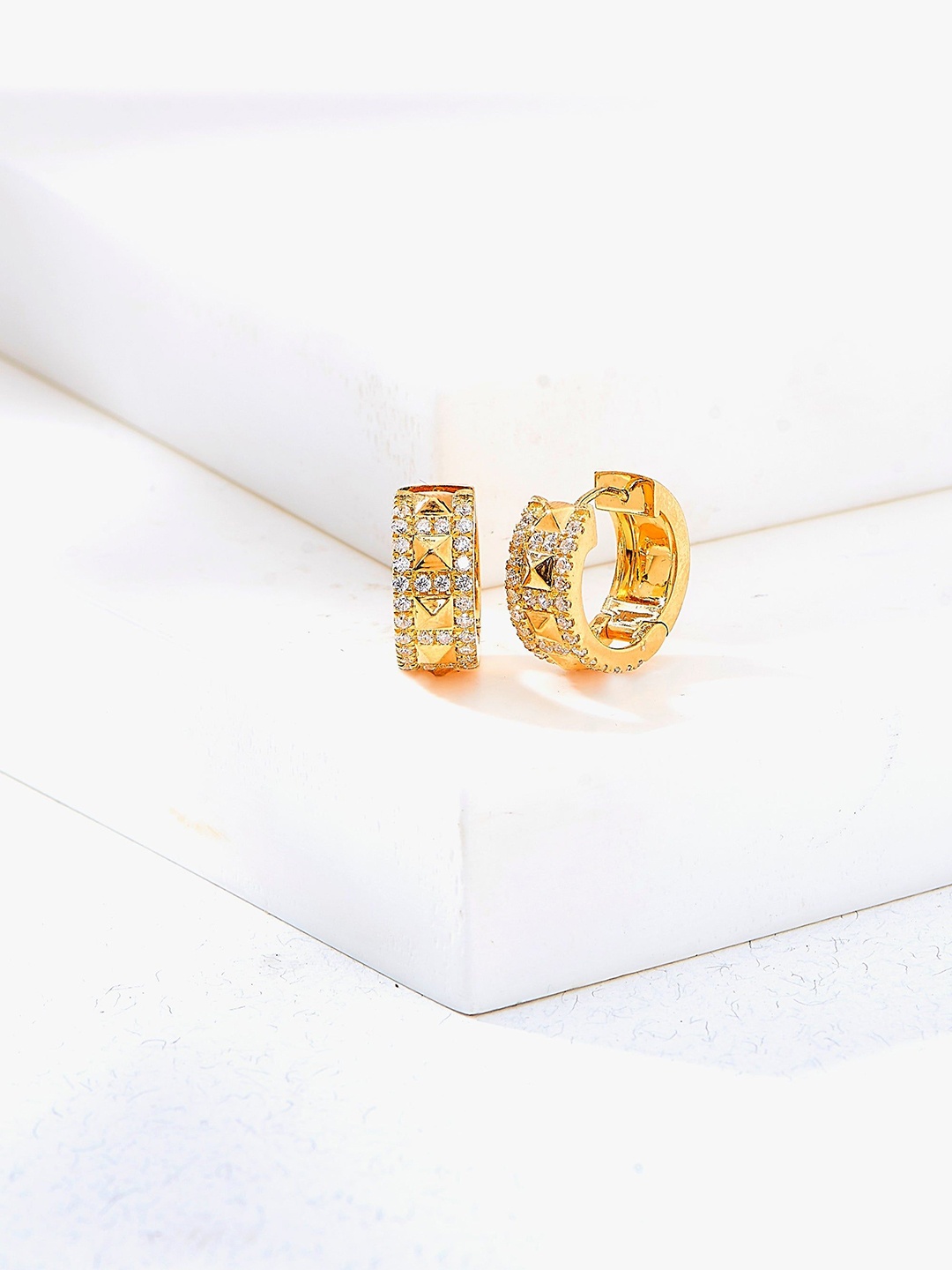 

Nipura 925 Sterling Silver Gold-Plated Cubic Zirconia Studded Contemporary Hoop Earrings