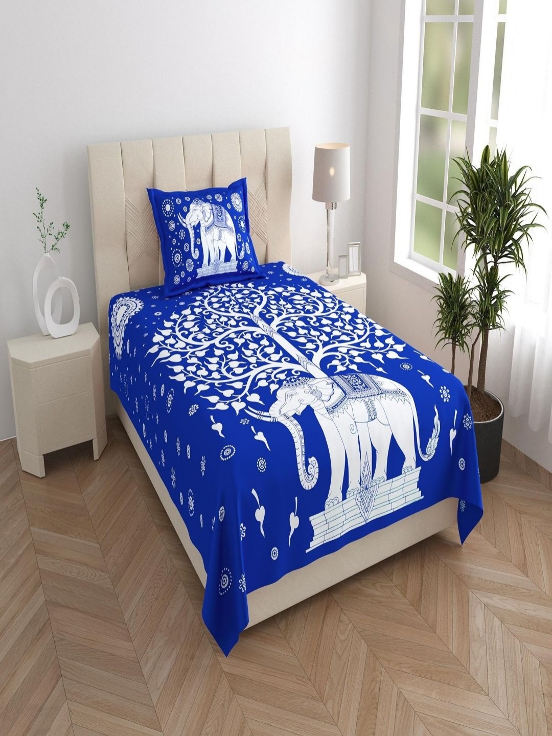 

Aura Blue & White Ethnic Motifs 120 TC Single Bedsheet with 1 Pillow Covers