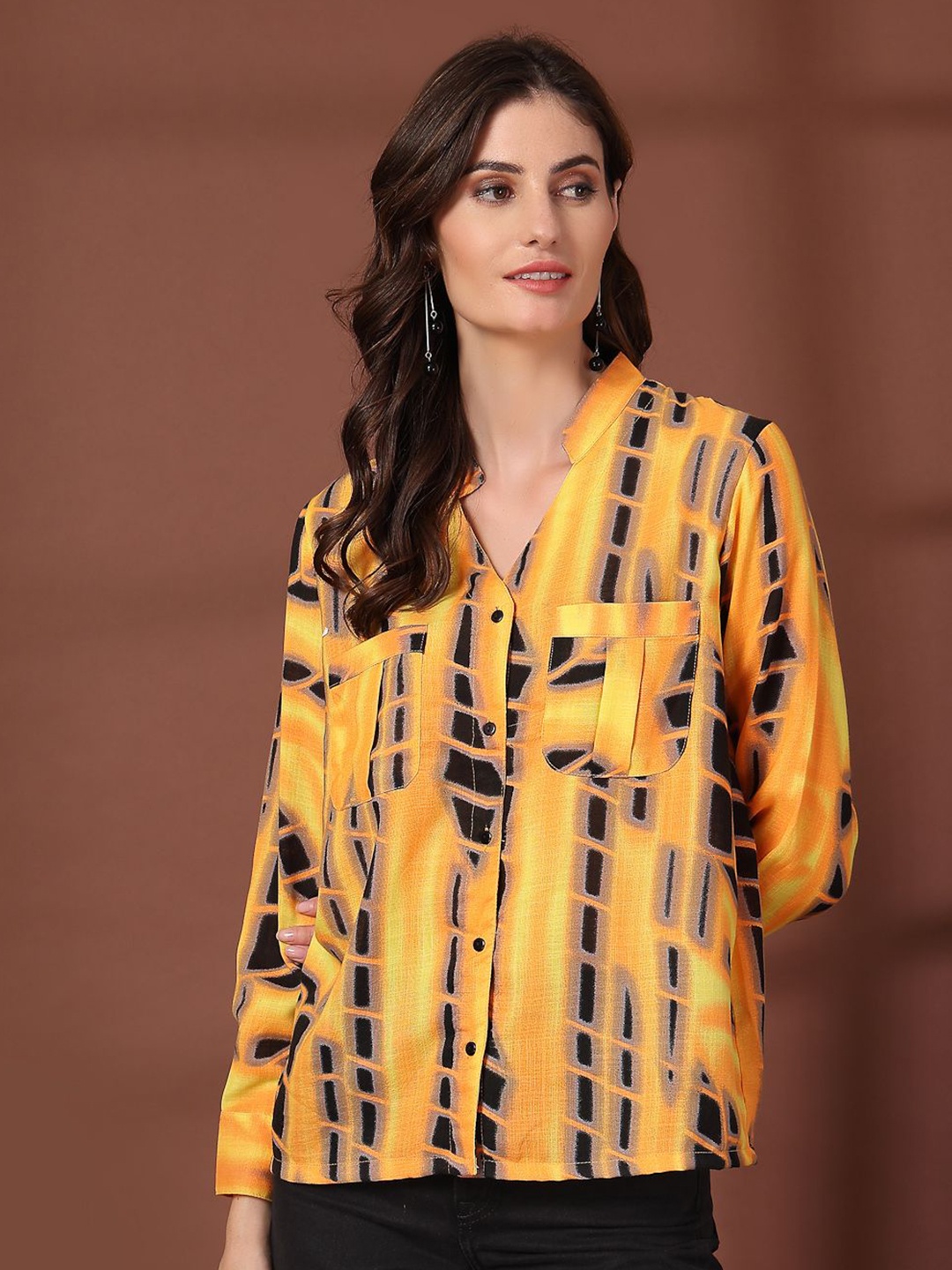 

plusS Print Mandarin Collar Puff Sleeve Cotton Top, Mustard