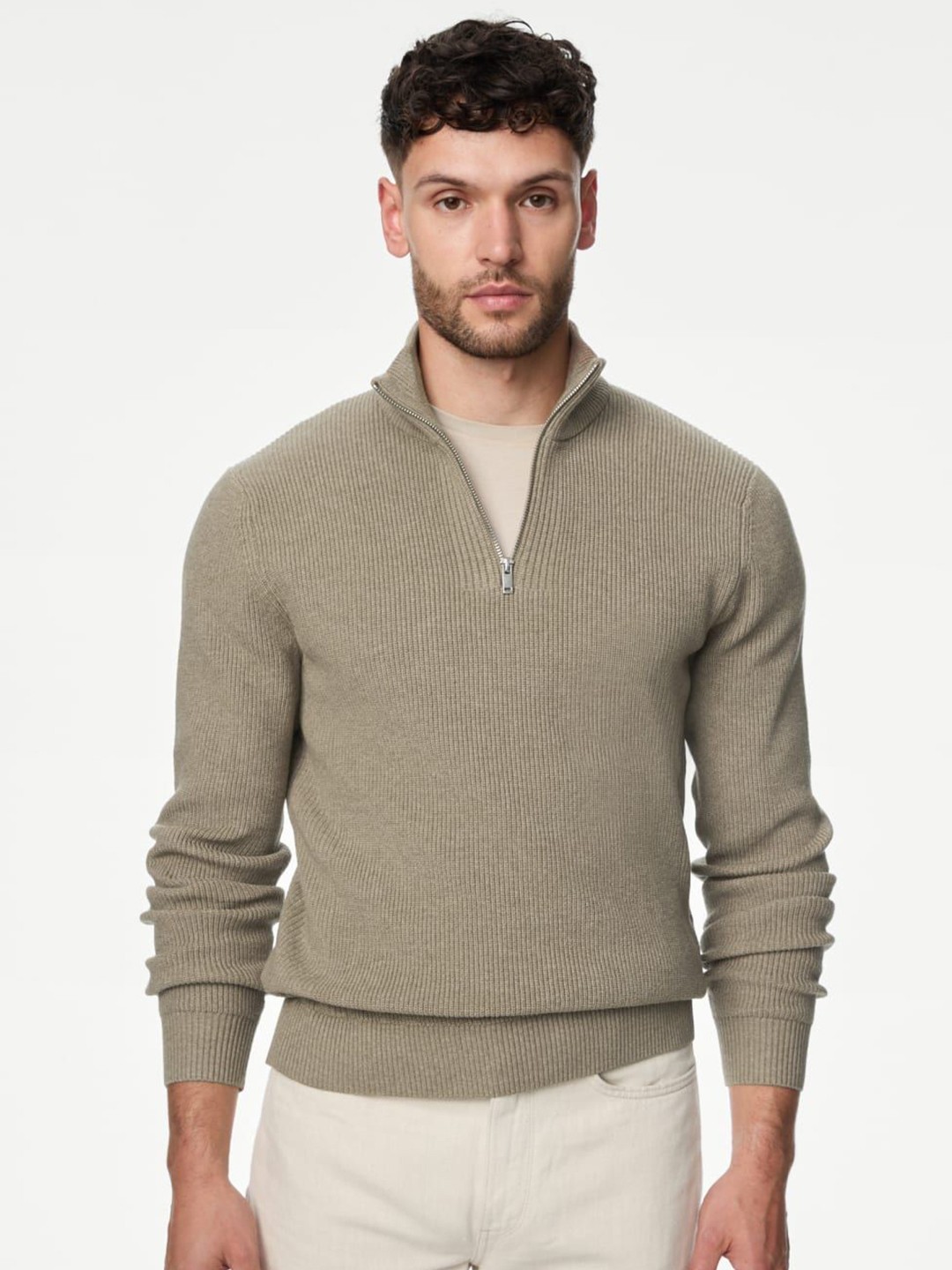 

Marks & Spencer Men Mock Collar Ribbed Pullover, Beige