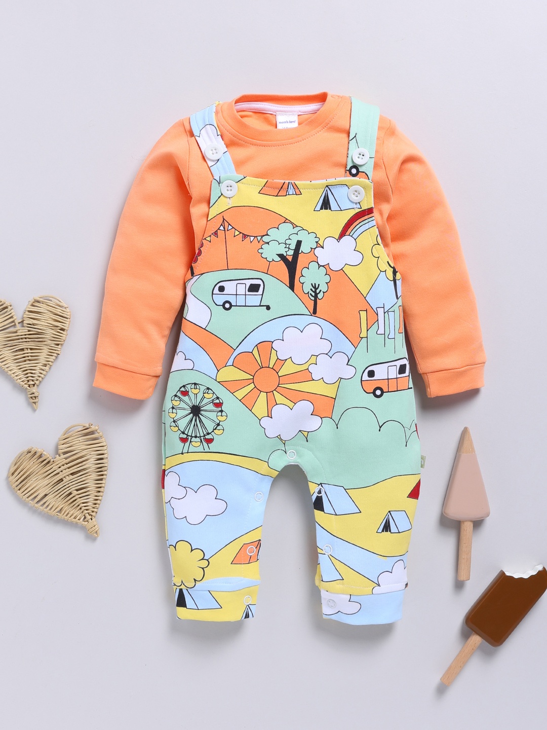 

Moms Love Infant Boys Graphic Printed Cotton Dungaree & T-Shirt, Orange