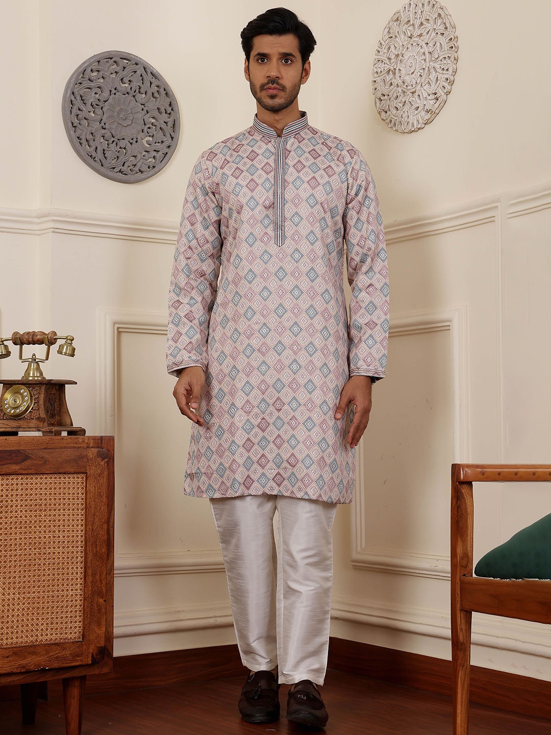 

Rawayi Men Floral Printed Thread Work Kurta, Cream