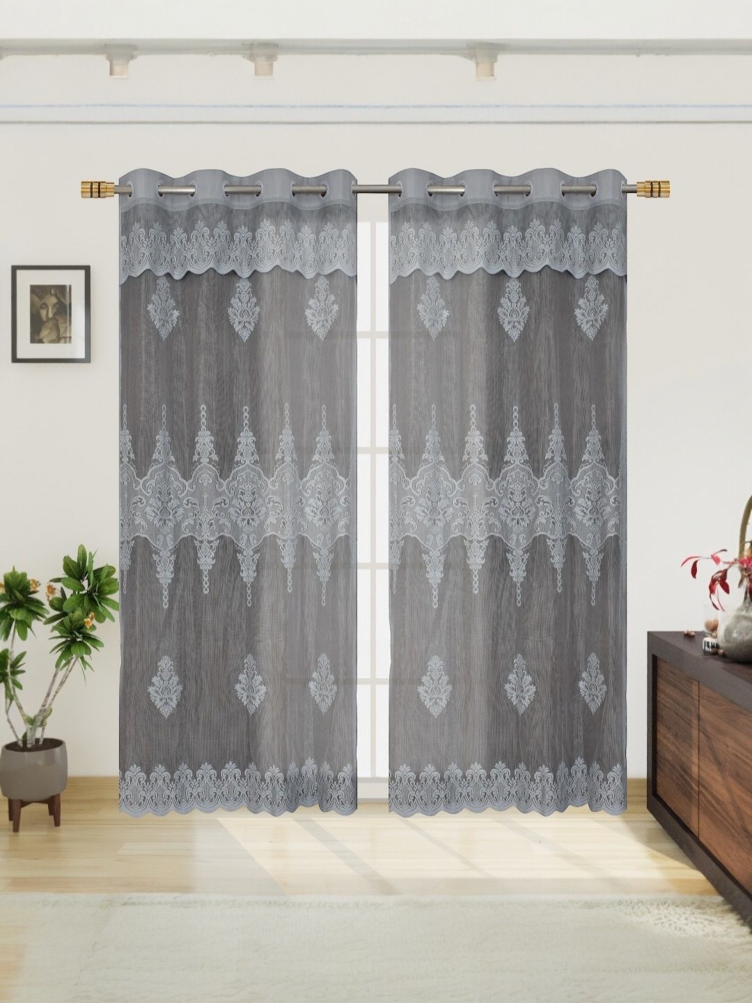

BIGGER FISH Grey Set of 2 Floral Sheer Long Door Curtain