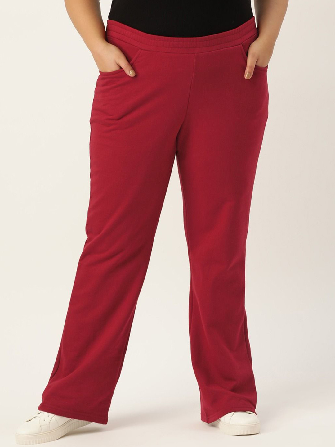 

theRebelinme Women Relaxed Straight Fit High-Rise Easy Wash Trousers, Maroon
