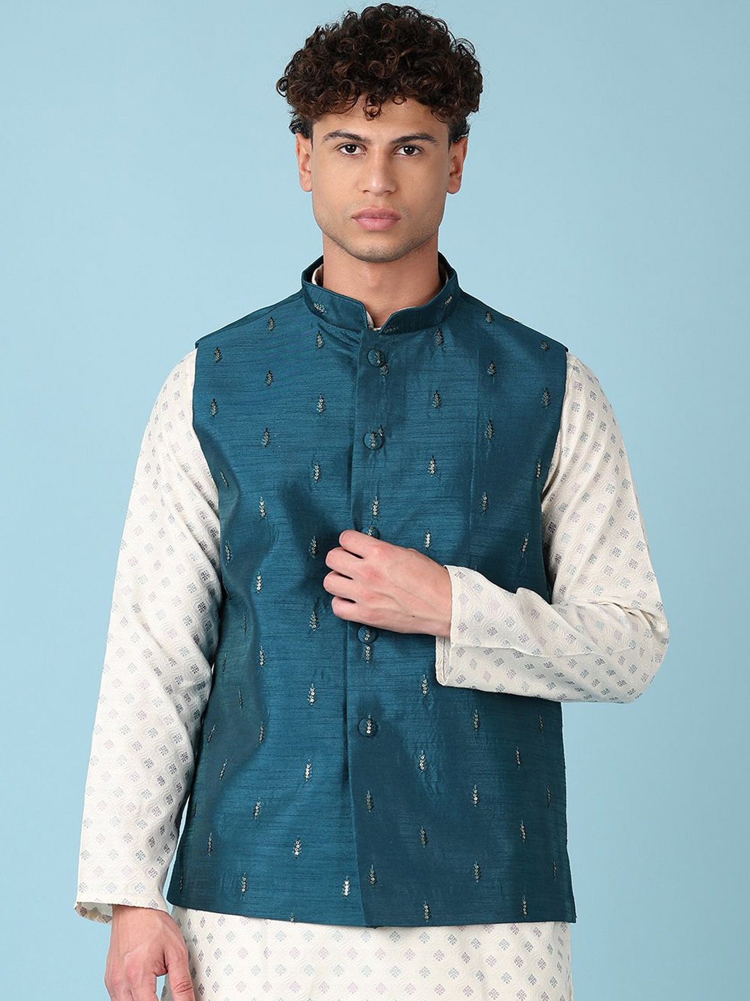 

V-Mart Embroidered Woven Nehru Jacket, Teal