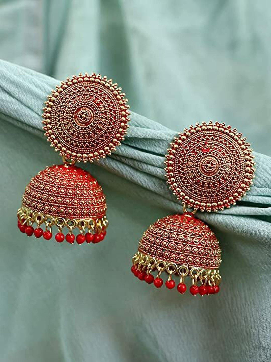 

TISHUL JEWELS Contemporary Jhumkas Earrings, Red