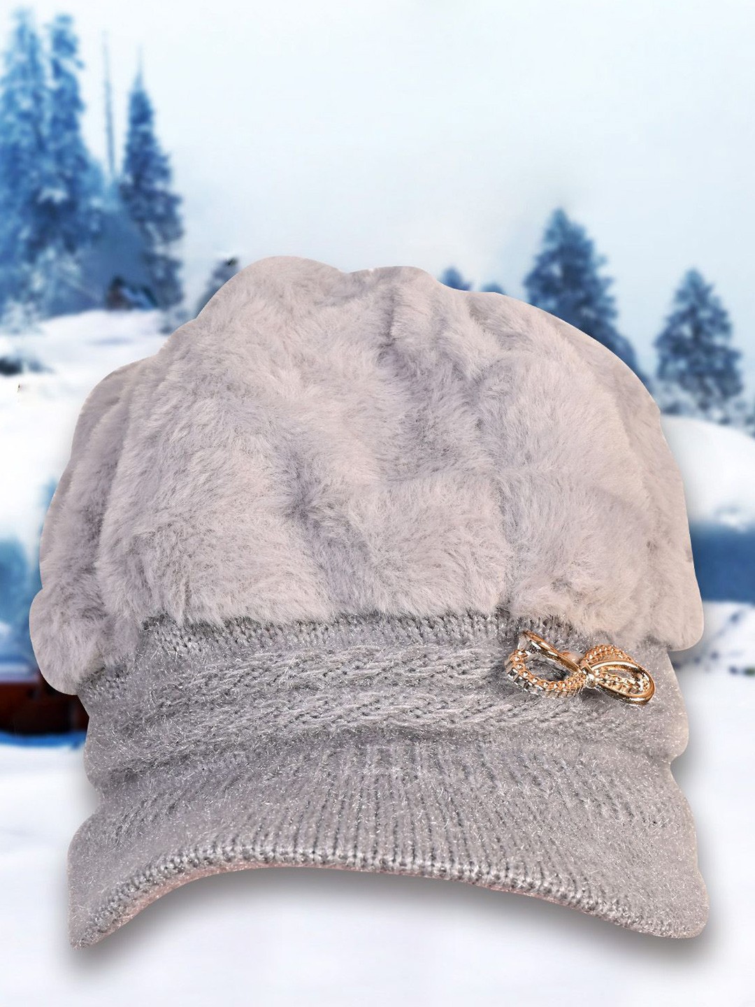 

LOOM LEGACY Women Winter Woollen Visor Cap For Cold Weather, Grey
