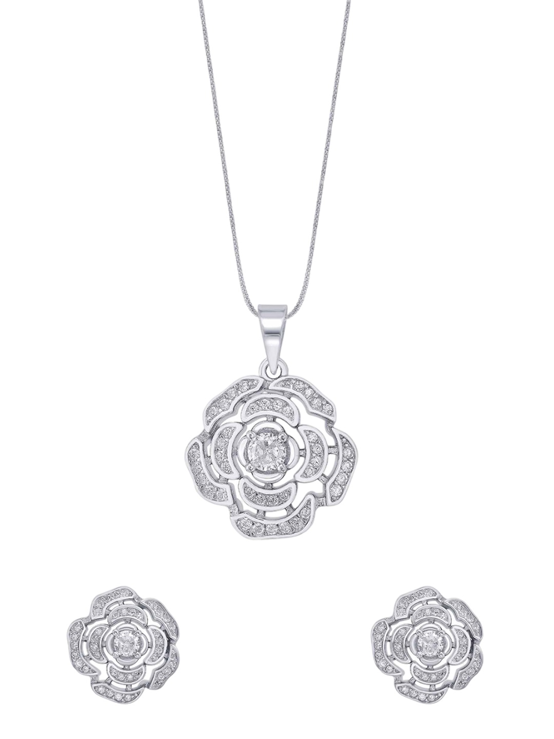 

Nipura 925 Sterling Silver Rhodium-Plated CZ Studded Pendant and Earrings