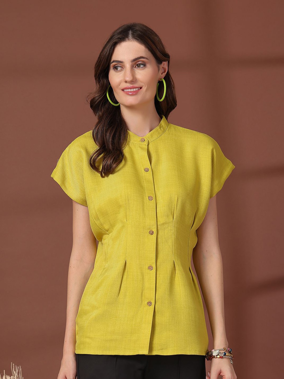 

plusS Mandarin Collar Cotton Top, Yellow