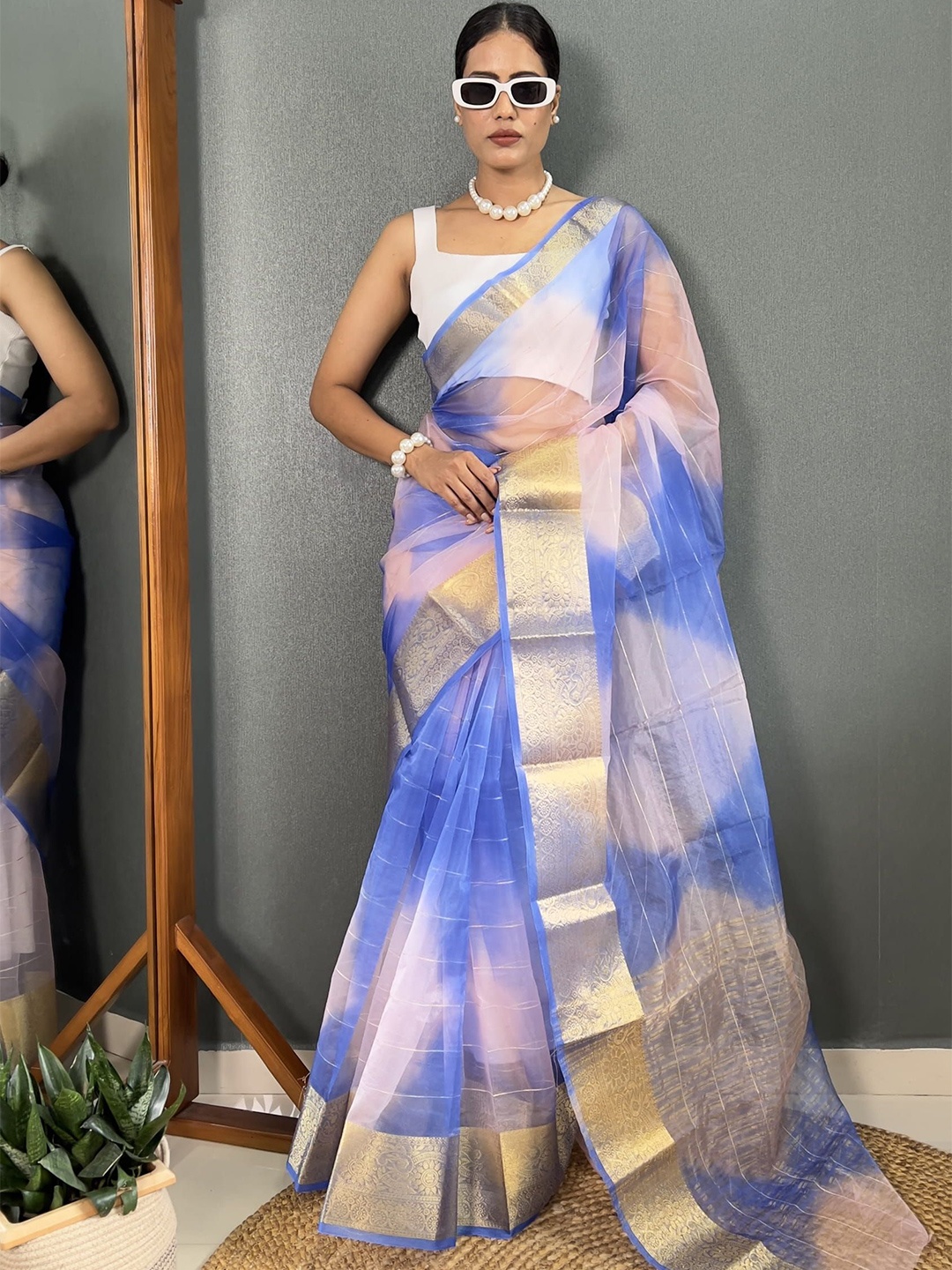 

KALINI Tie and Dye Zari Organza Leheriya Saree, Blue