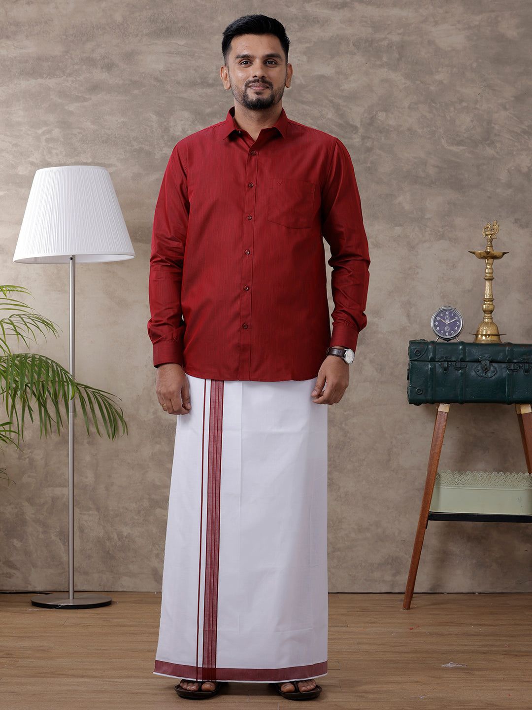 

Ramraj Men Full Sleeve Shirt Regular Collar Shirt With Matching Fancy Border Dhoti, Red