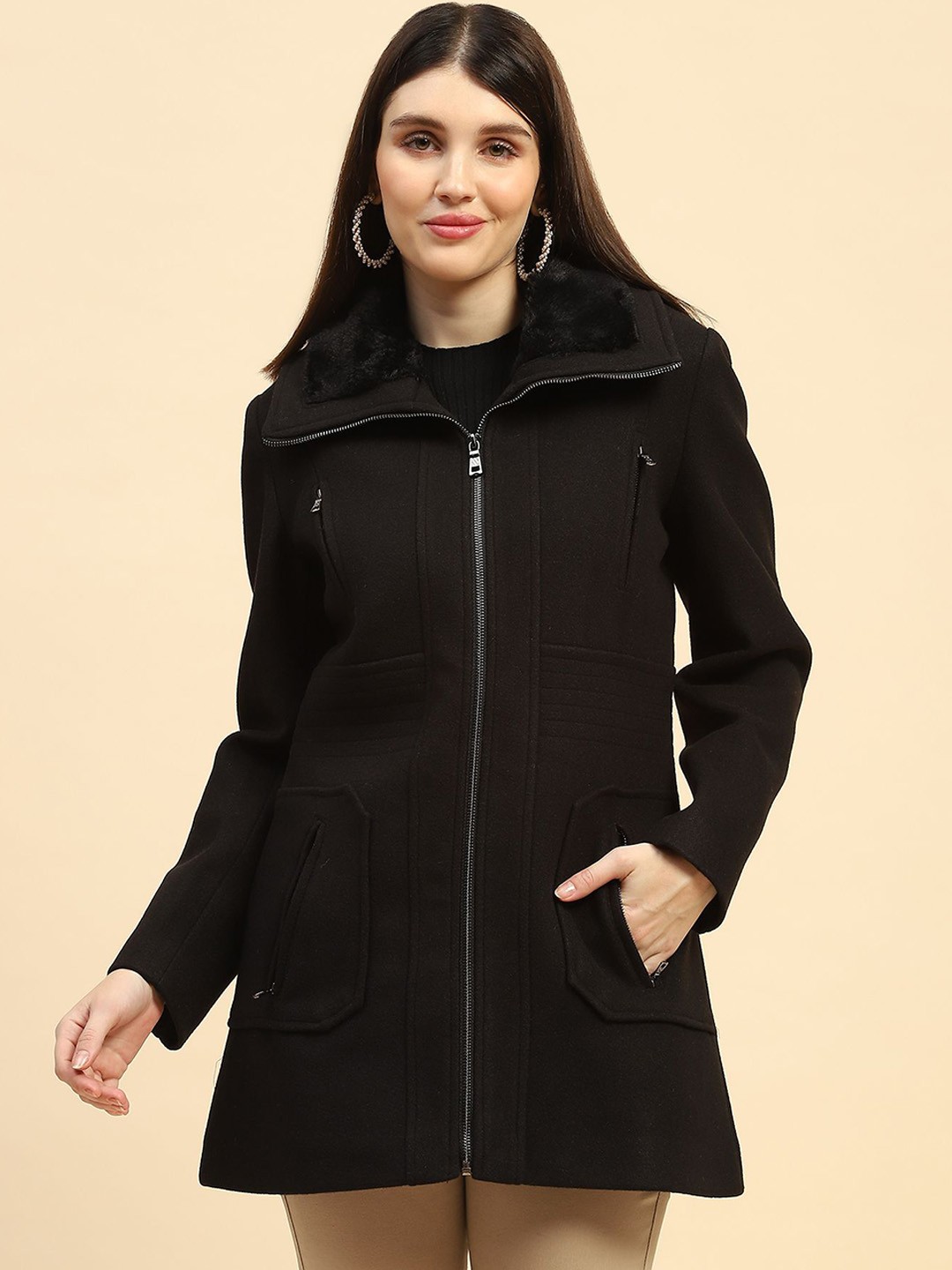 

Global Republic Above Knee Length Overcoat, Black
