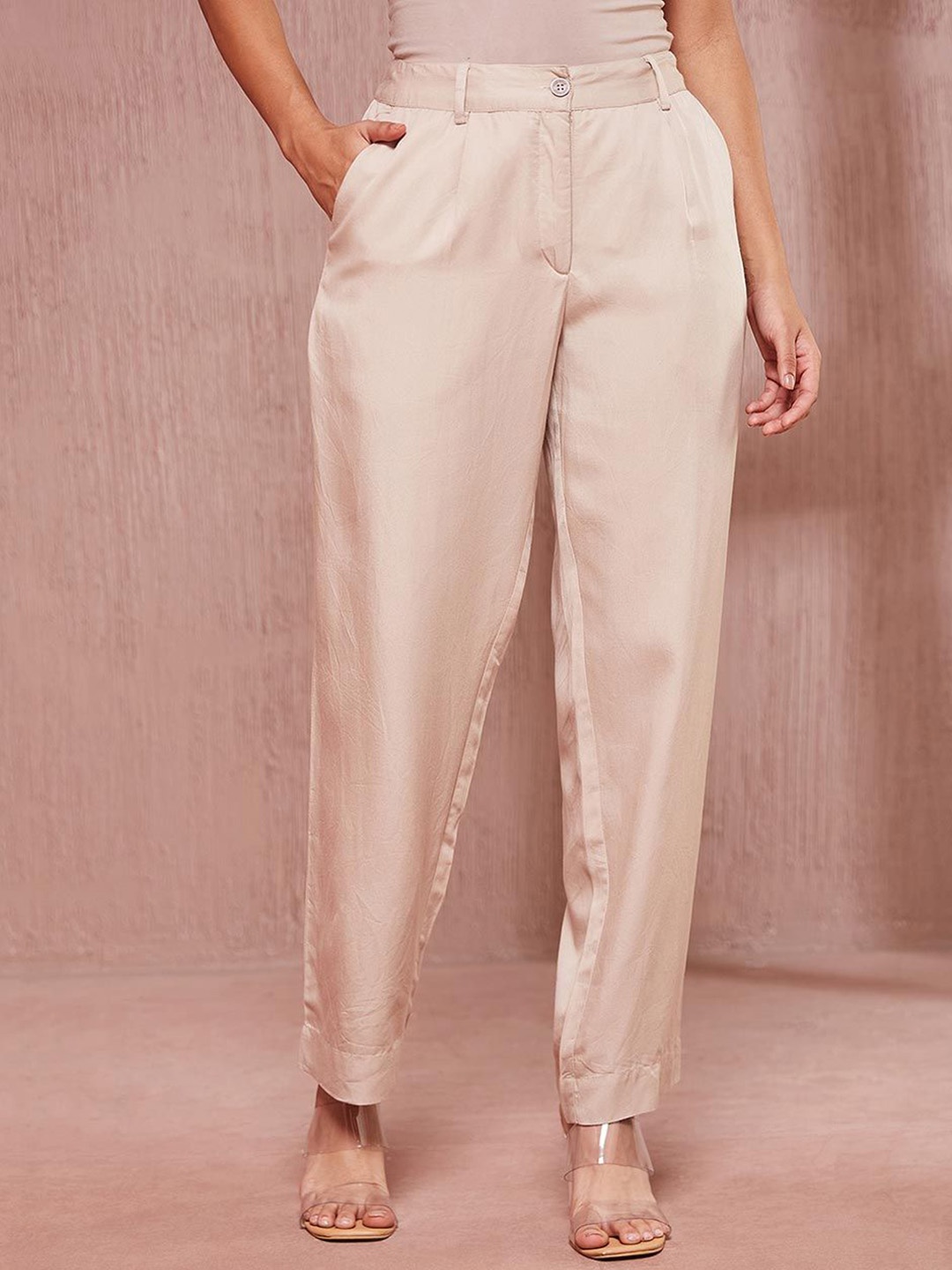 

Fabindia Women High-Rise Pleated Regular Fit Trousers, Beige