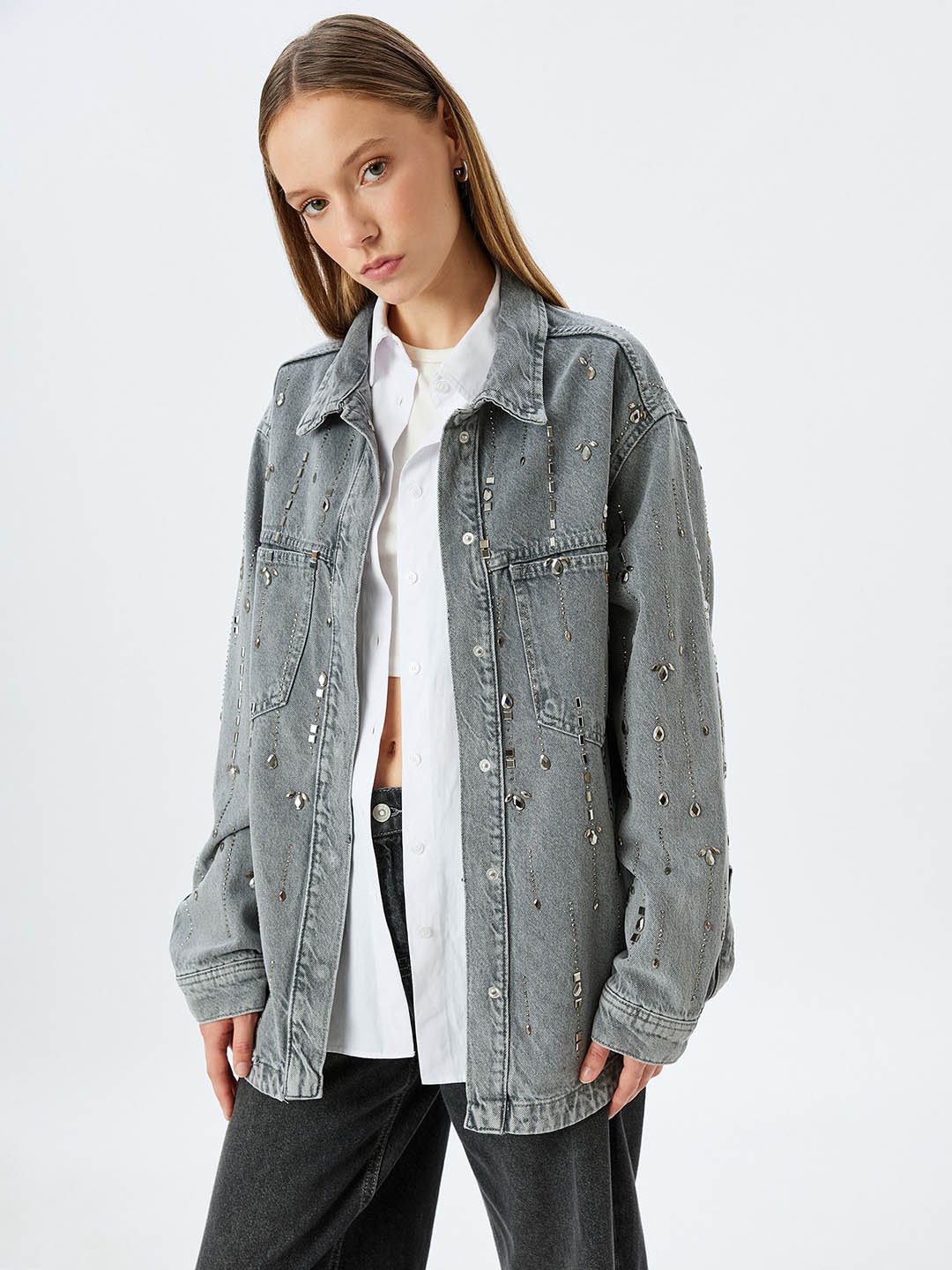 

Koton Women Washed Colourblocked Crop Sporty Jacket, Grey