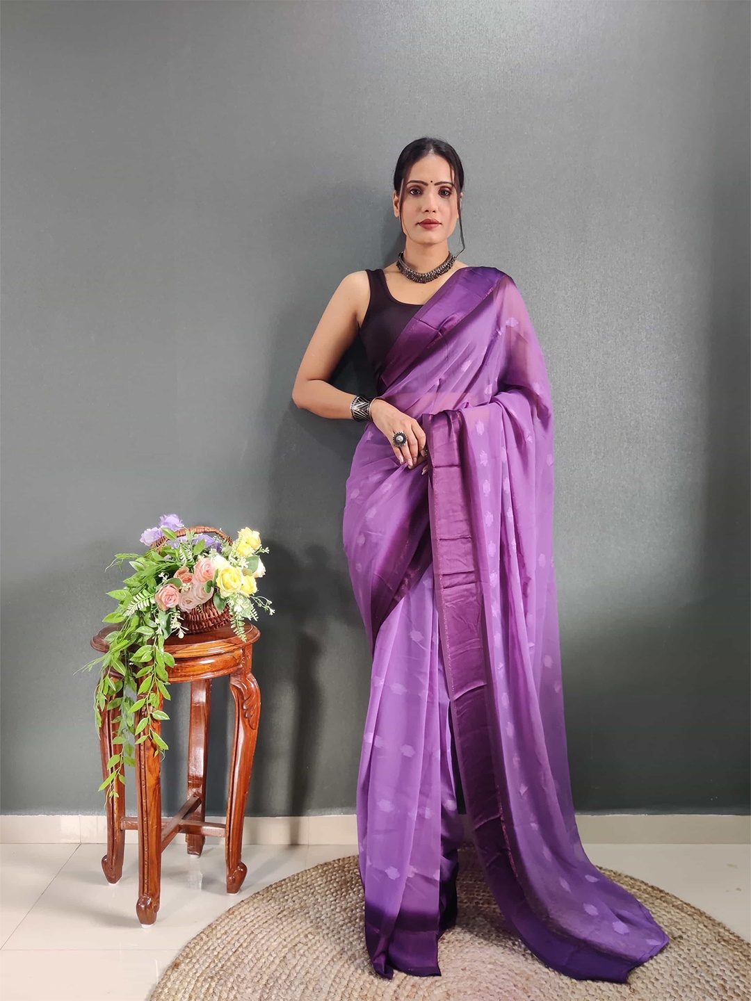 

KALINI Floral Woven Design Satin Ready to Wear Saree, Purple