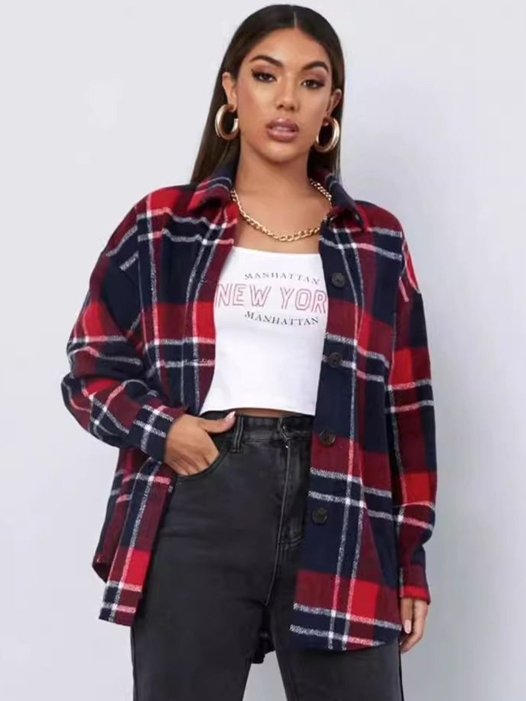 

StyleCast Women Windowpane Checks Opaque Checked Casual Shirt, Red