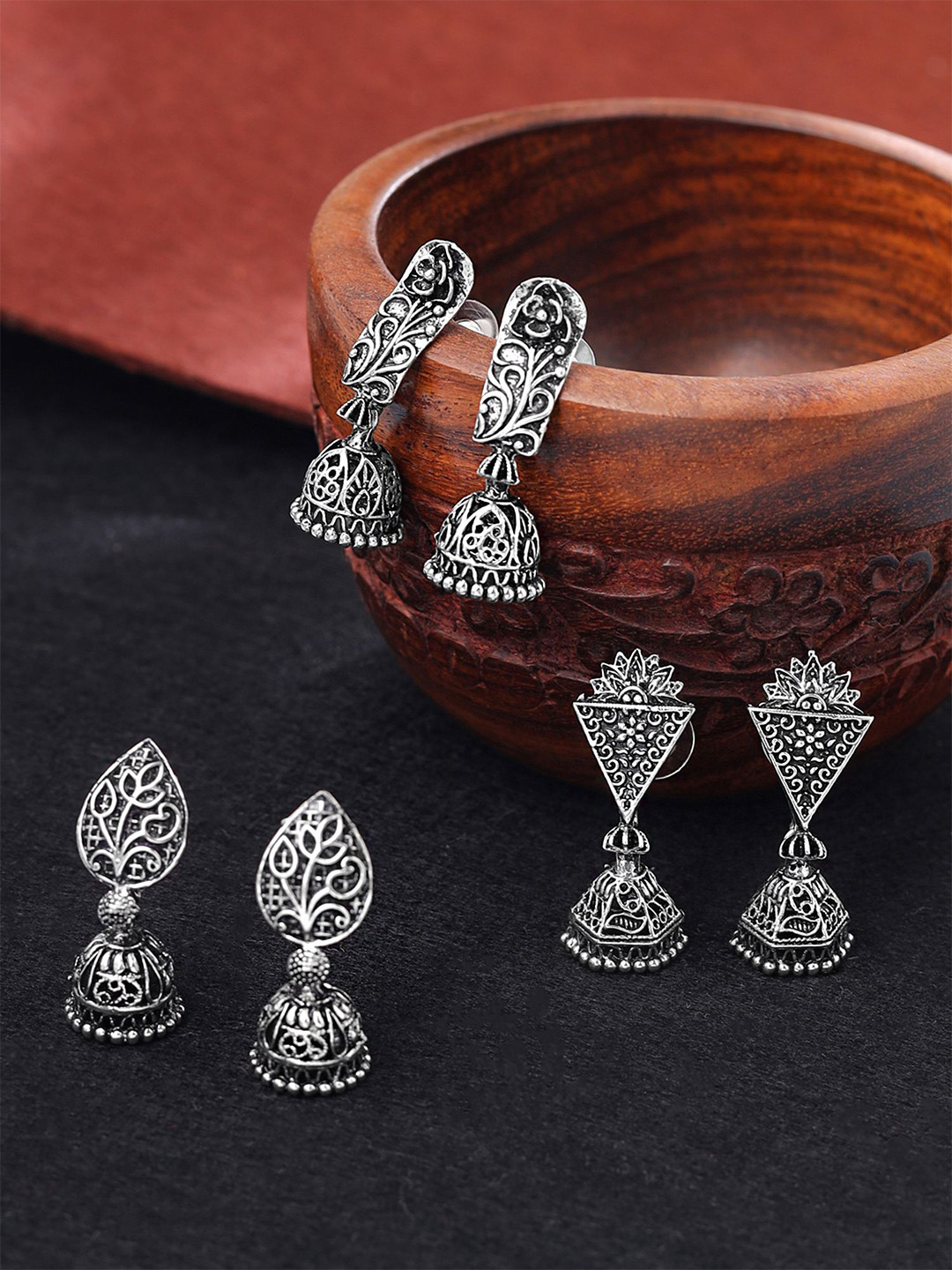 

Yellow Chimes Set of 3 Pairs Contemporary Jhumkas Earrings, Silver