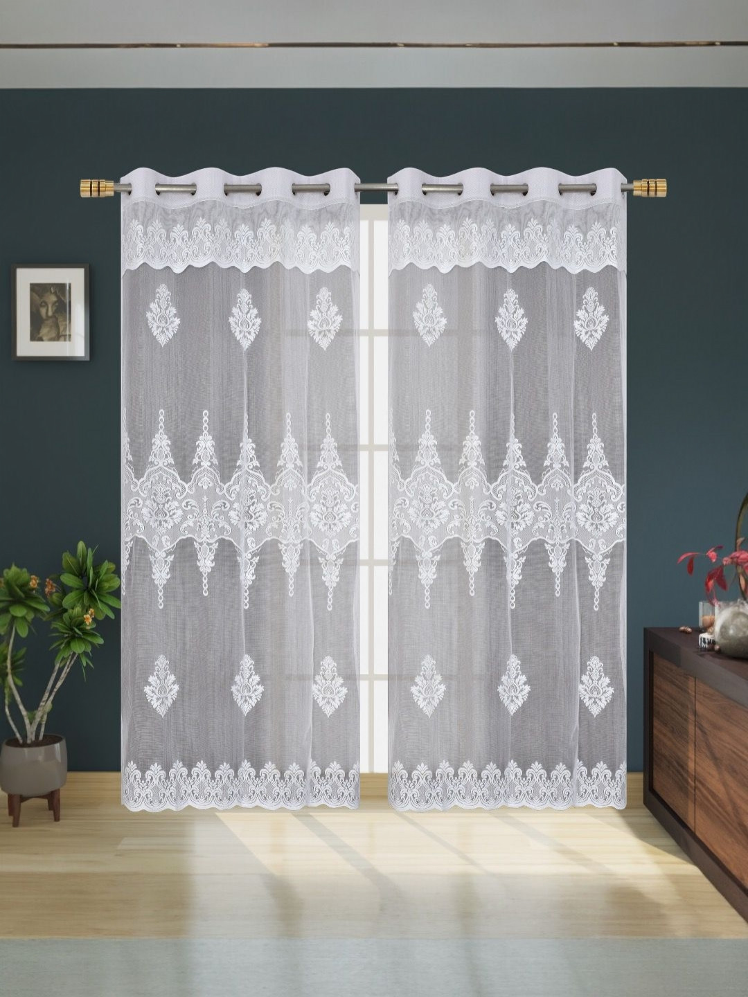 

BIGGER FISH White Set of 2 Floral Sheer Long Door Curtain