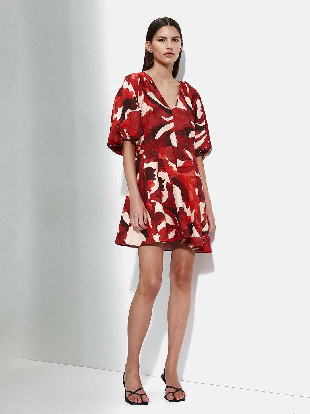 

H&M Flared-Skirt Dress, Red