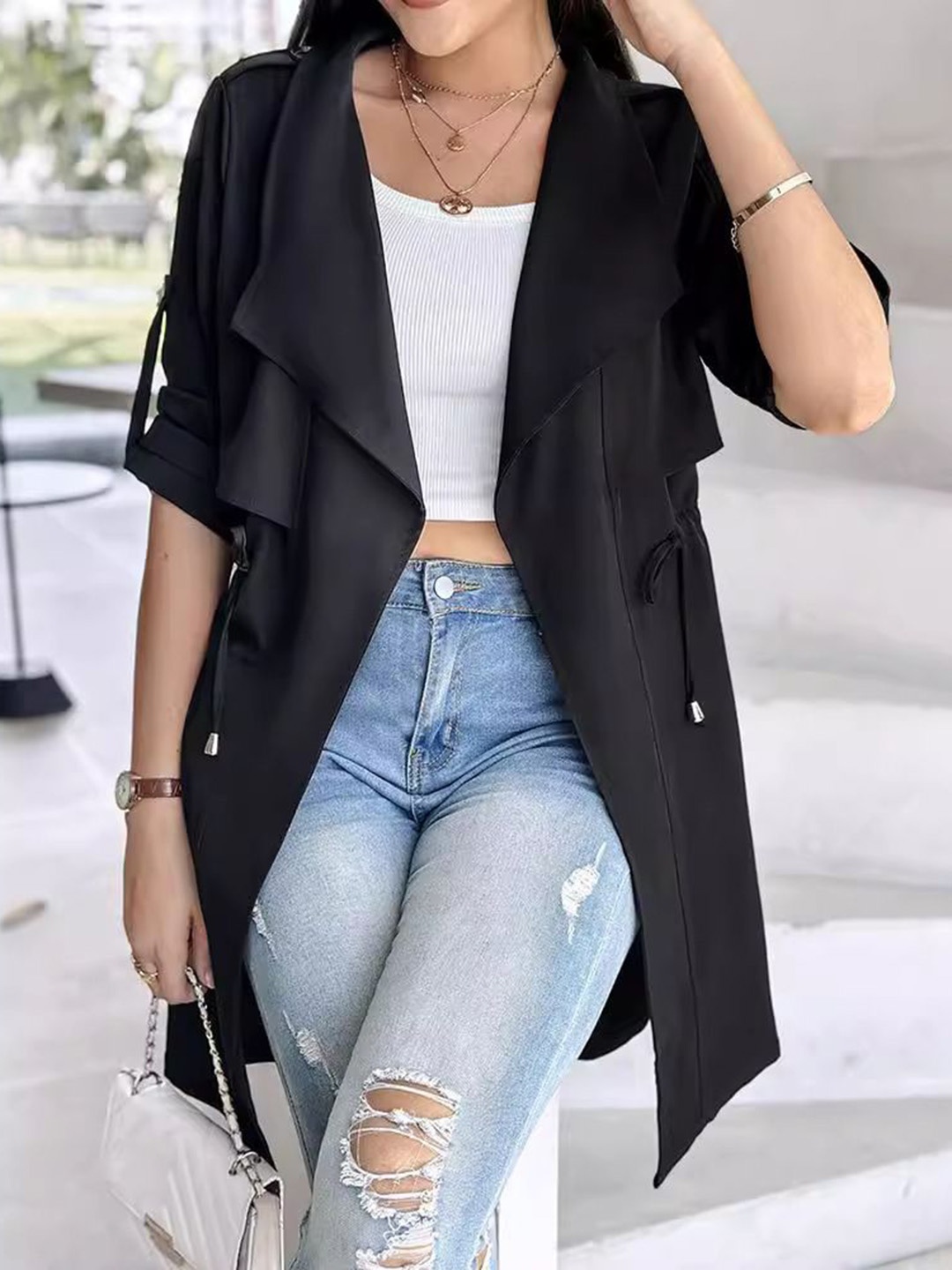 

StyleCast Women Asymmetric Closure Longline Open Front Jacket, Black