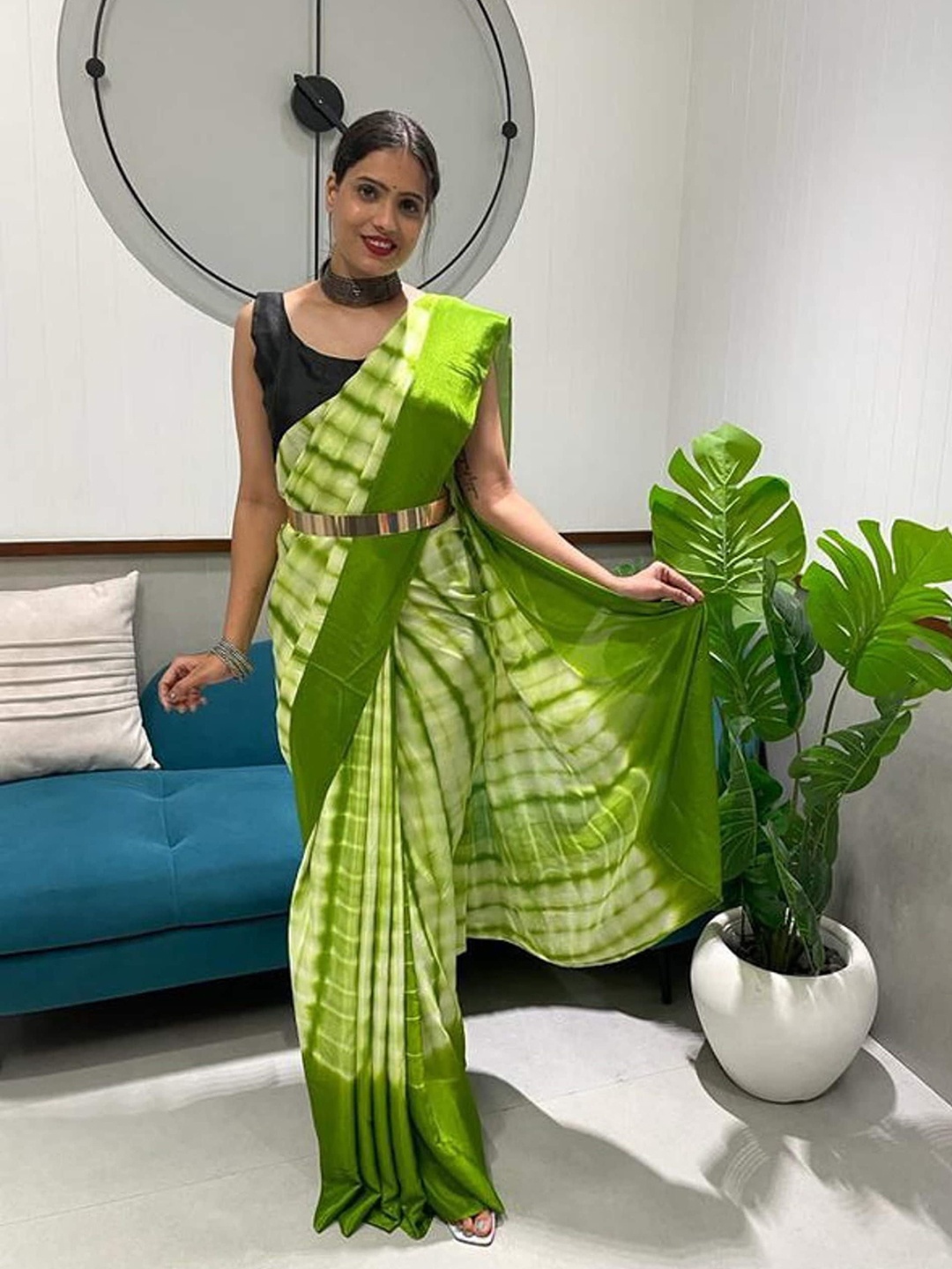 

KALINI Satin Tie and Dye Ready to Wear Saree, Green