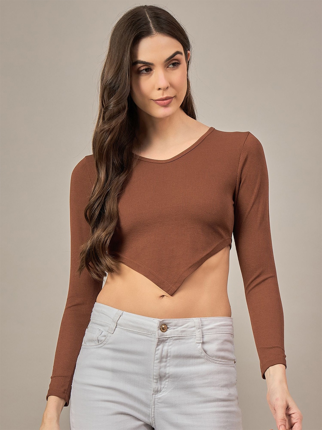 

The Roadster Lifestyle Co Women Round Neck Crop Top, Brown