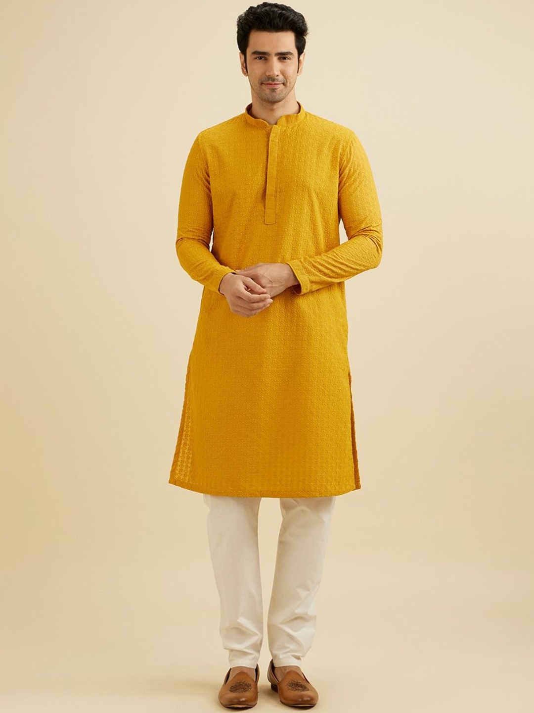 

Manyavar Men Embroidered Regular Chikankari Kurta with Pyjamas, Mustard