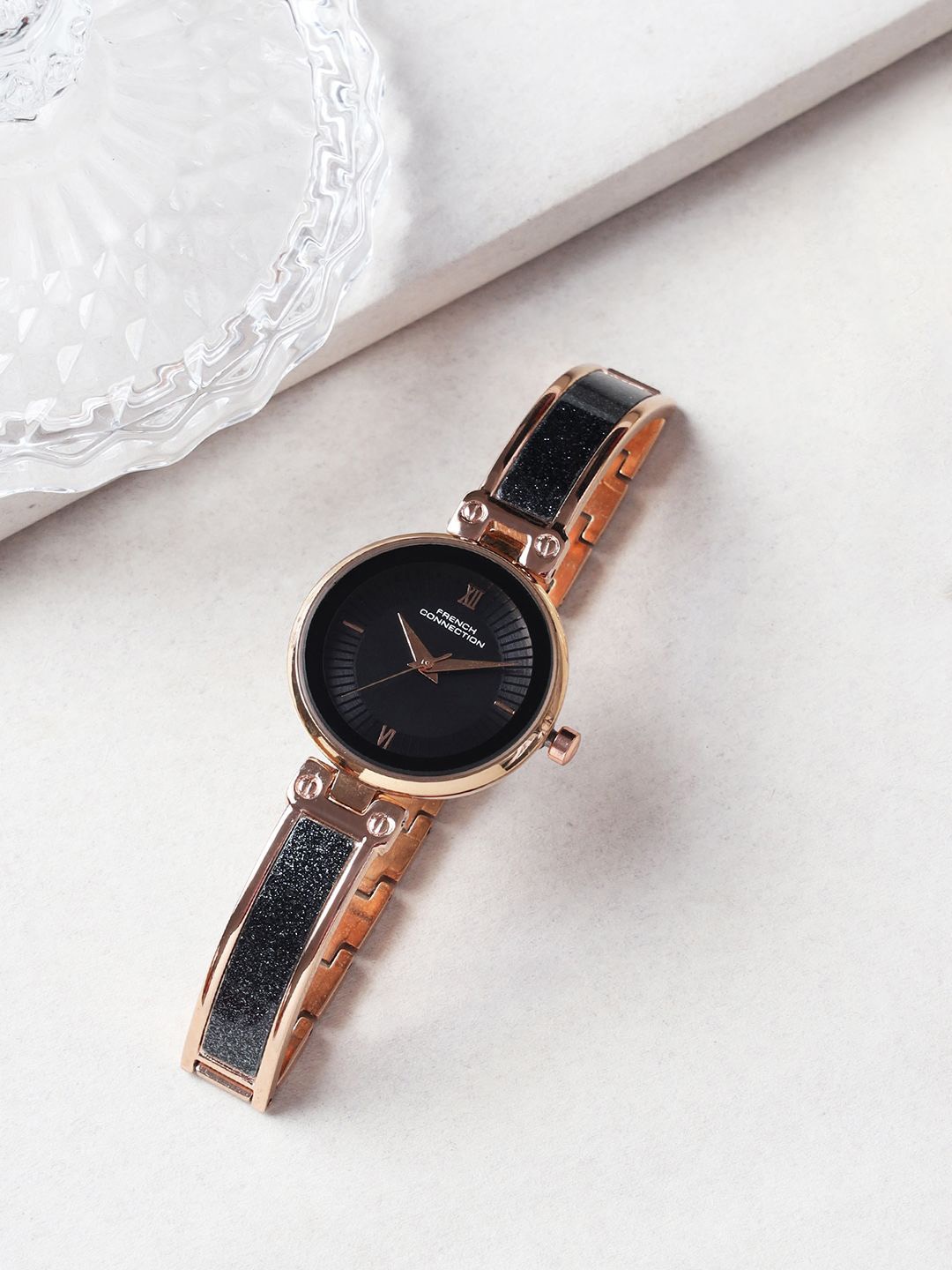 

French Connection Women Embellished Dial & Bracelet Style Straps Analogue Watch FCN0108BM, Black