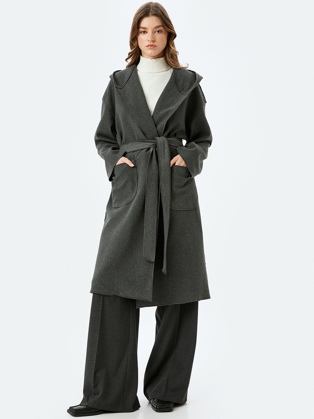 

Koton Women Wide Tie Belt & Hooded Overcoat, Grey melange