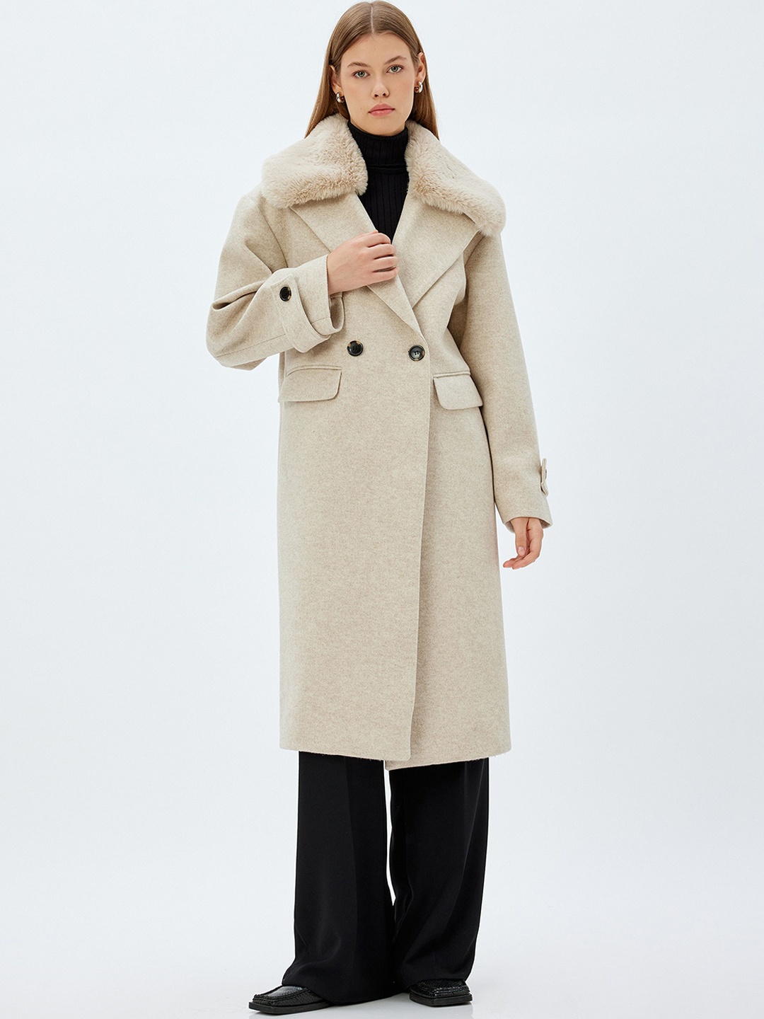 

Koton Women Double-Breasted Overcoat, Beige