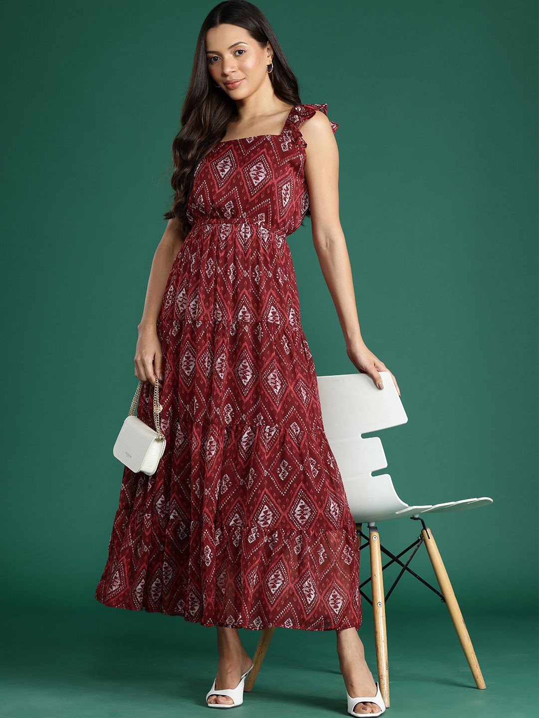 

Deewa Colourblocked Georgette Empire Maxi Dress, Maroon