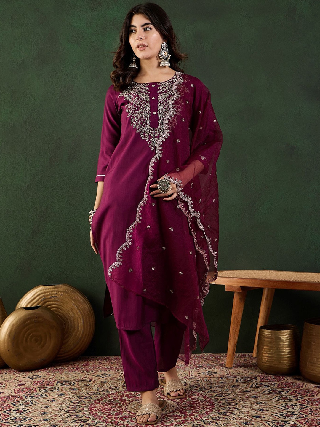 

Sangria Zari Embroidered Kurta Trousers & Dupatta, Purple