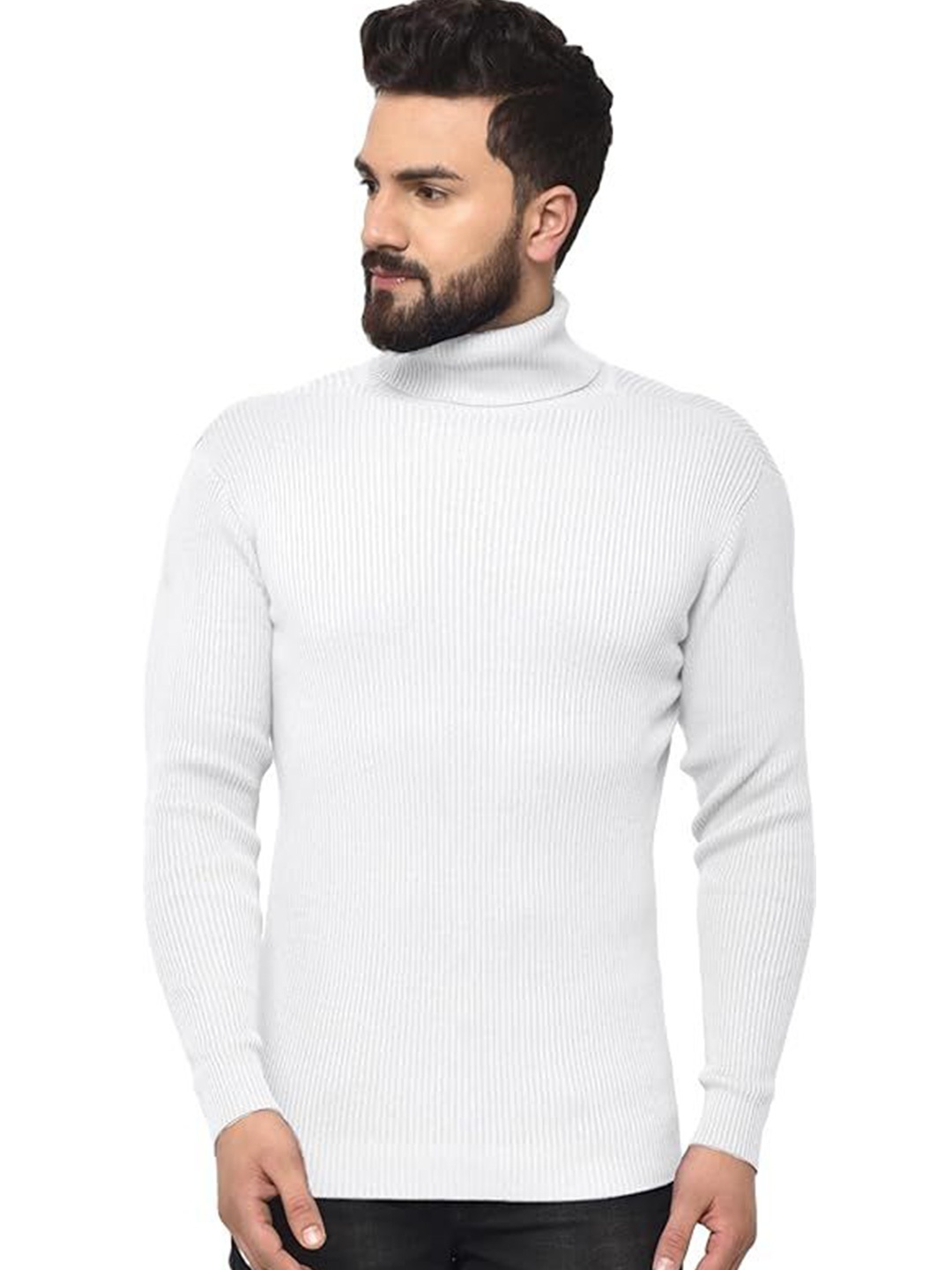 

GAINELL Men Woollen Turtle Neck Ribbed Pullover, White