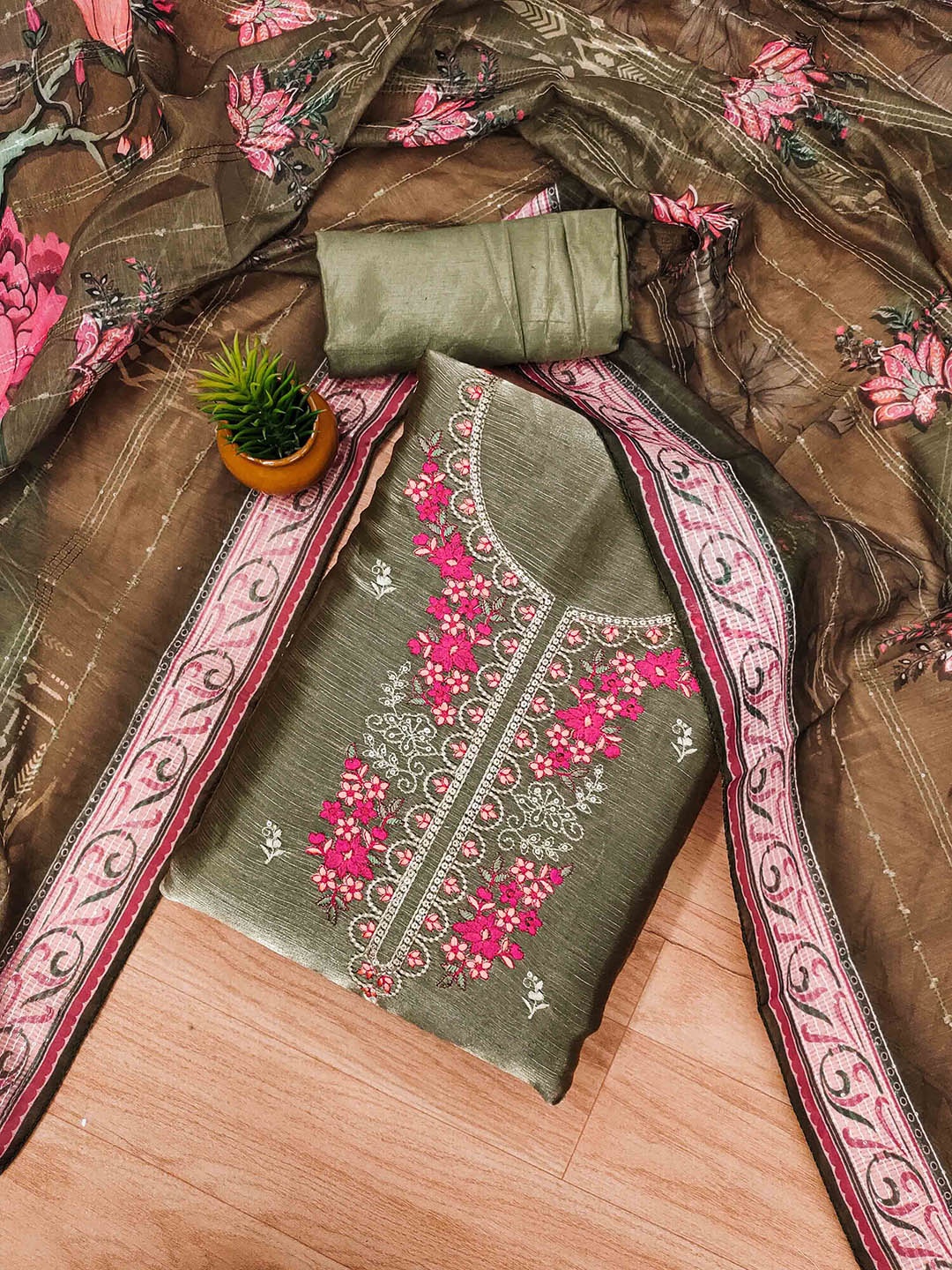 

KALINI Floral Embroidered Sequinned Unstitched Dress Material, Olive