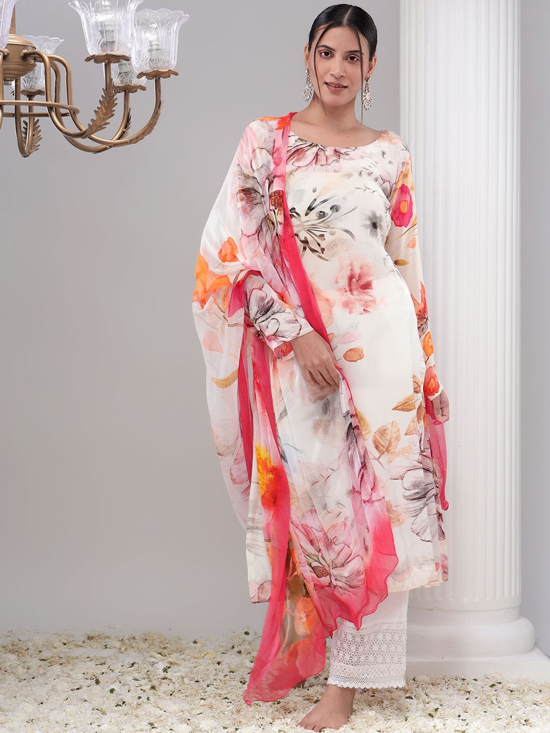 

REETI OF PRINTS Unstitched Dress Material, White