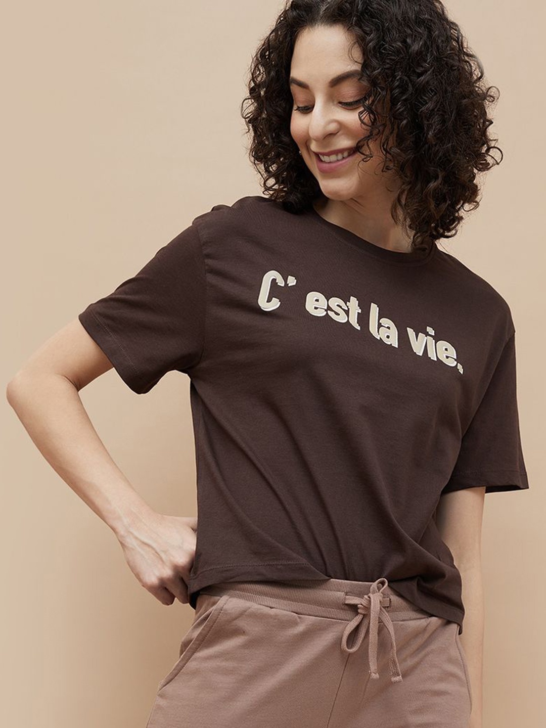 

Fame Forever by Lifestyle Women Typography Printed Applique T-shirt, Brown