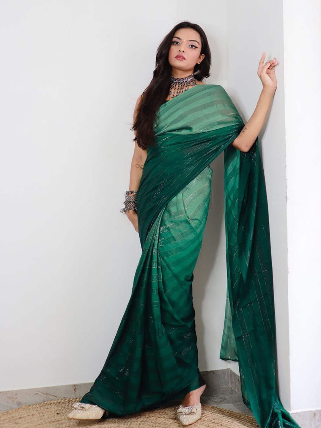 

KALINI Leheriya Pure Chiffon Ready to Wear Jamdani Saree, Green