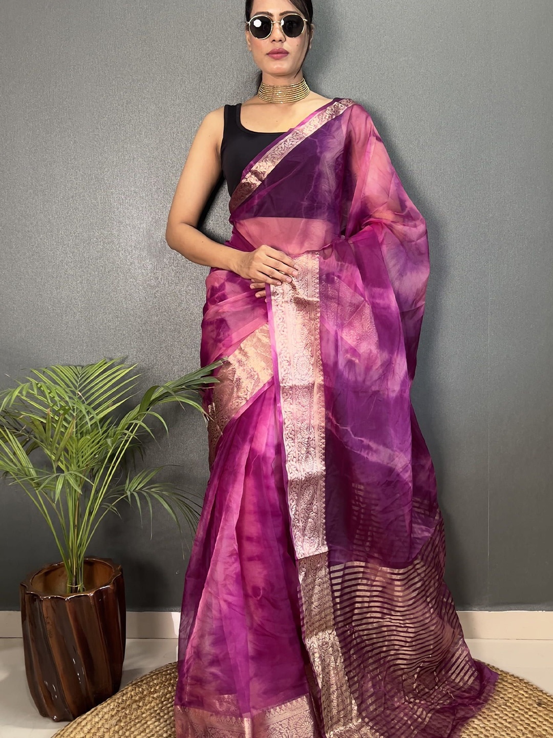 

KALINI Tie and Dye Zari Organza Leheriya Saree, Purple