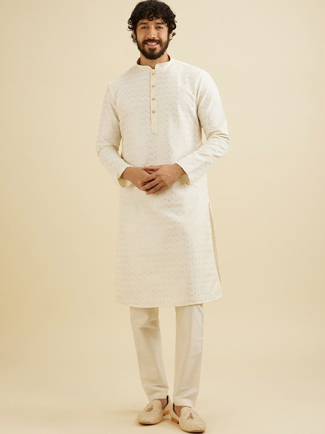 

Manyavar Men Ethnic Motifs Embroidered Regular Sequinned Kurta with Pyjamas, Cream