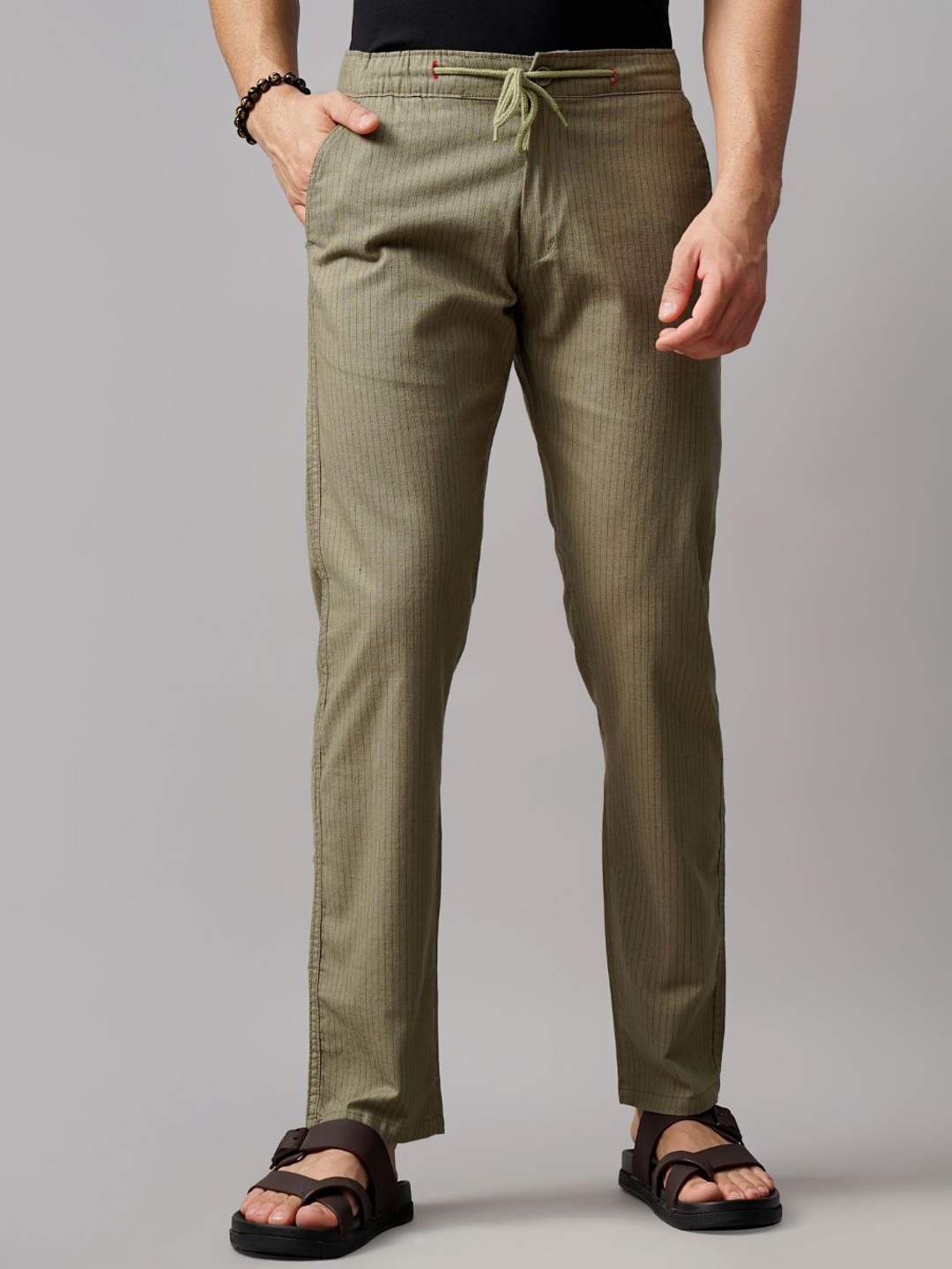 

PAUL STREET Men Striped Relaxed Straight Fit Trousers, Olive